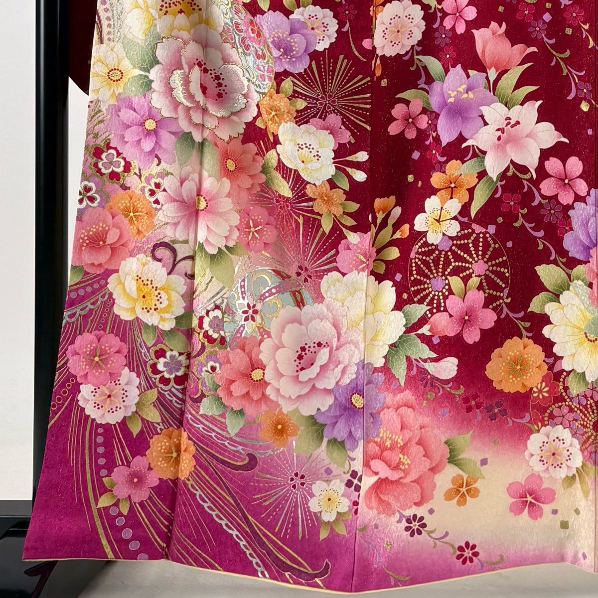 振袖 身丈162.5cm 裄丈67.5cm L 袷 袋帯フルセット 手鞠 草花 金銀彩