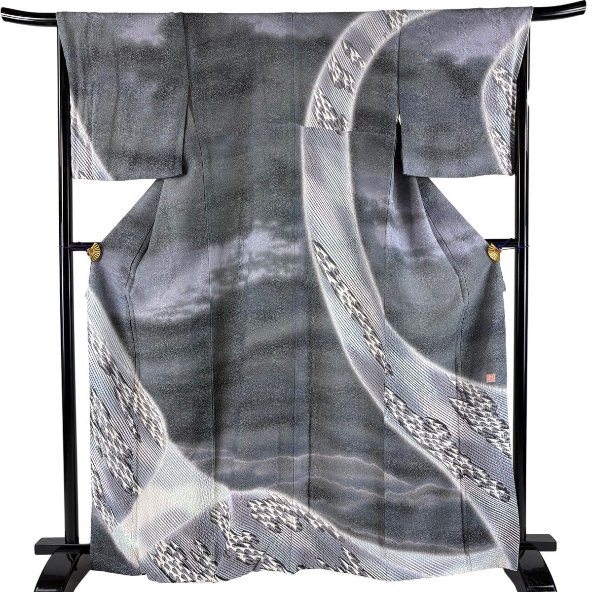 訪問着 身丈163.5cm 裄丈67.5cm L 袷 落款 幾何学模様 銀通し 金糸 灰色 正絹 逸品 【中古】