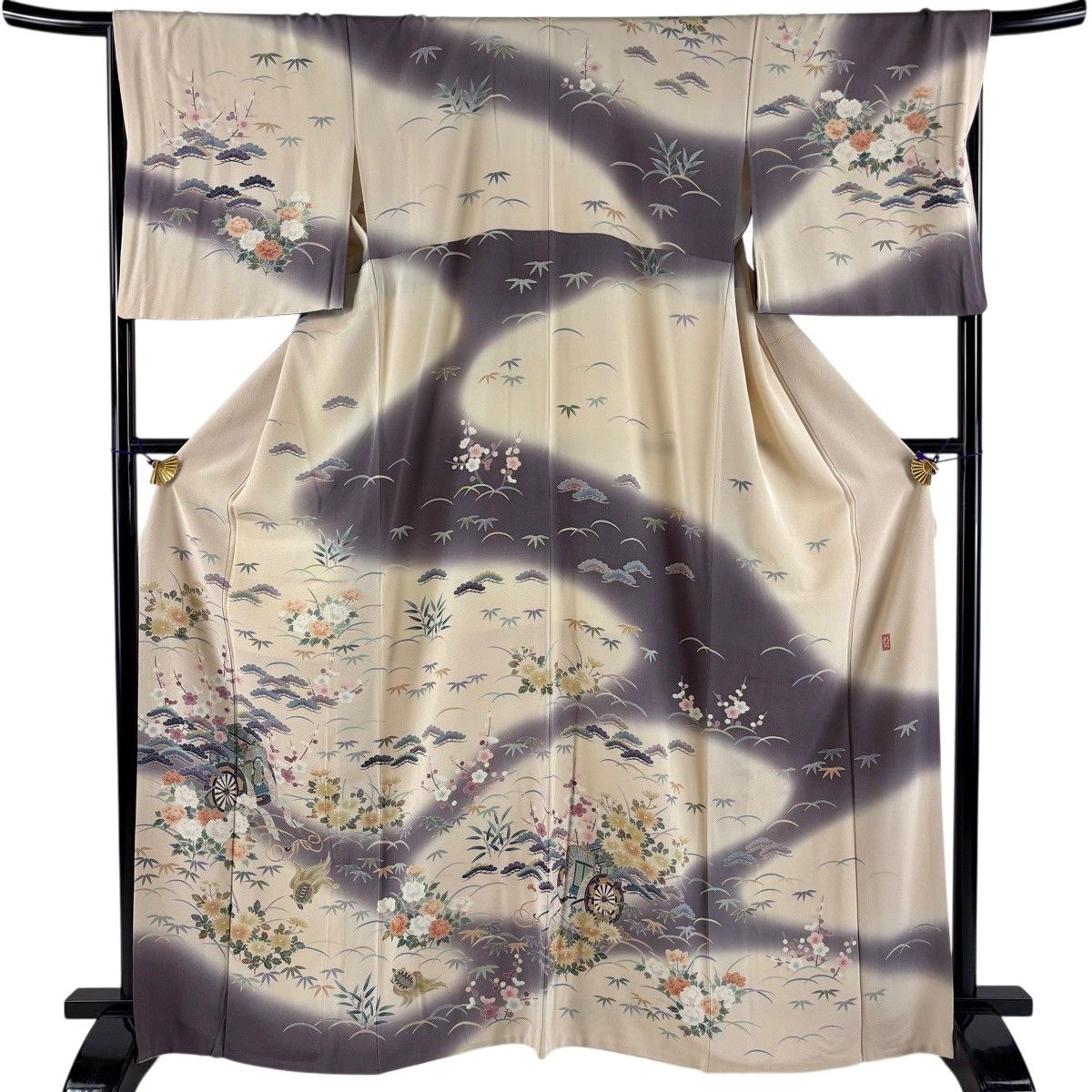 訪問着 身丈166cm 裄丈67.5cm L 袷 田村哲彦 落款 御所車 松竹梅 染め分け ぼかし ベージュ 正絹 逸品 【中古】