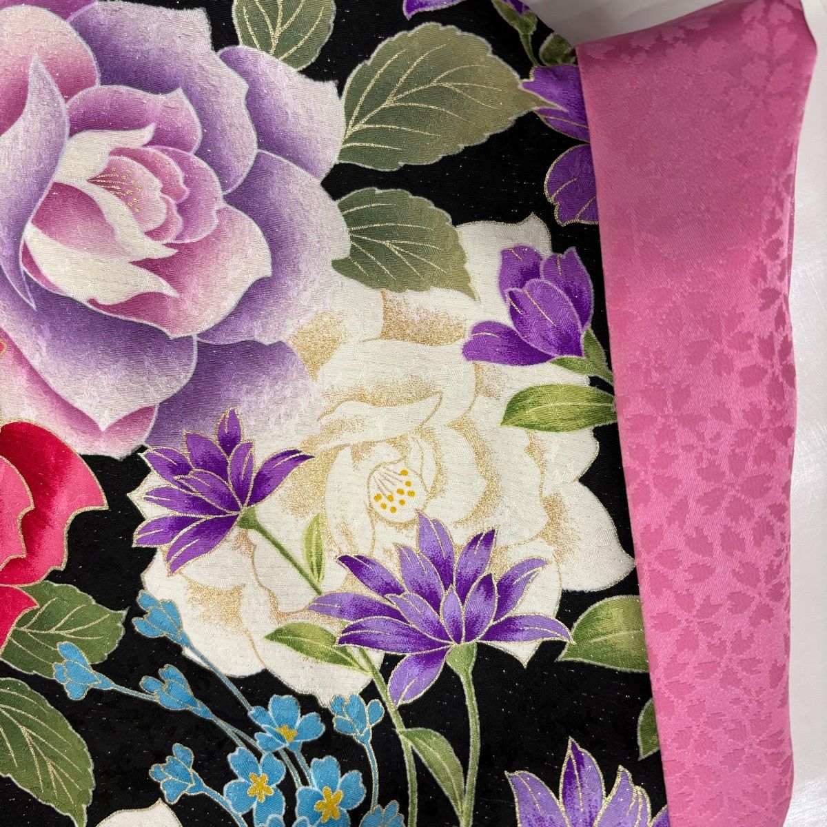振袖 美品 逸品 蝶 薔薇 箔 銀通し 白 袷 身丈155cm 裄丈68cm L 正絹 