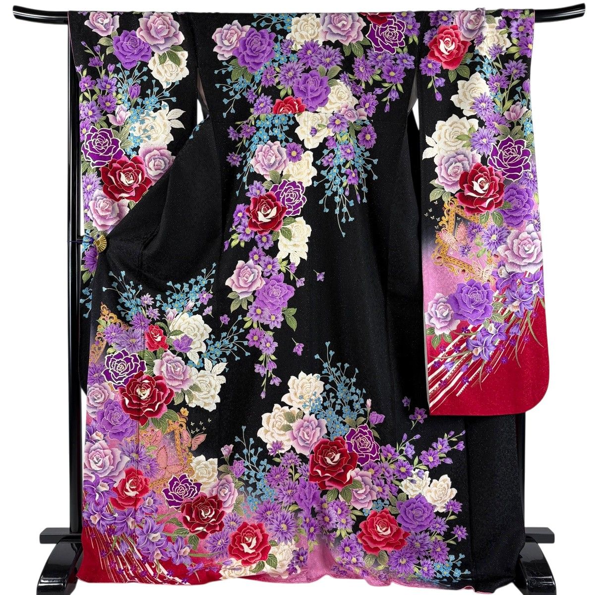 美品】 振袖 身丈174cm 裄丈68.5cm L 袷 薔薇 蝶 銀通し 金彩 黒 正絹
