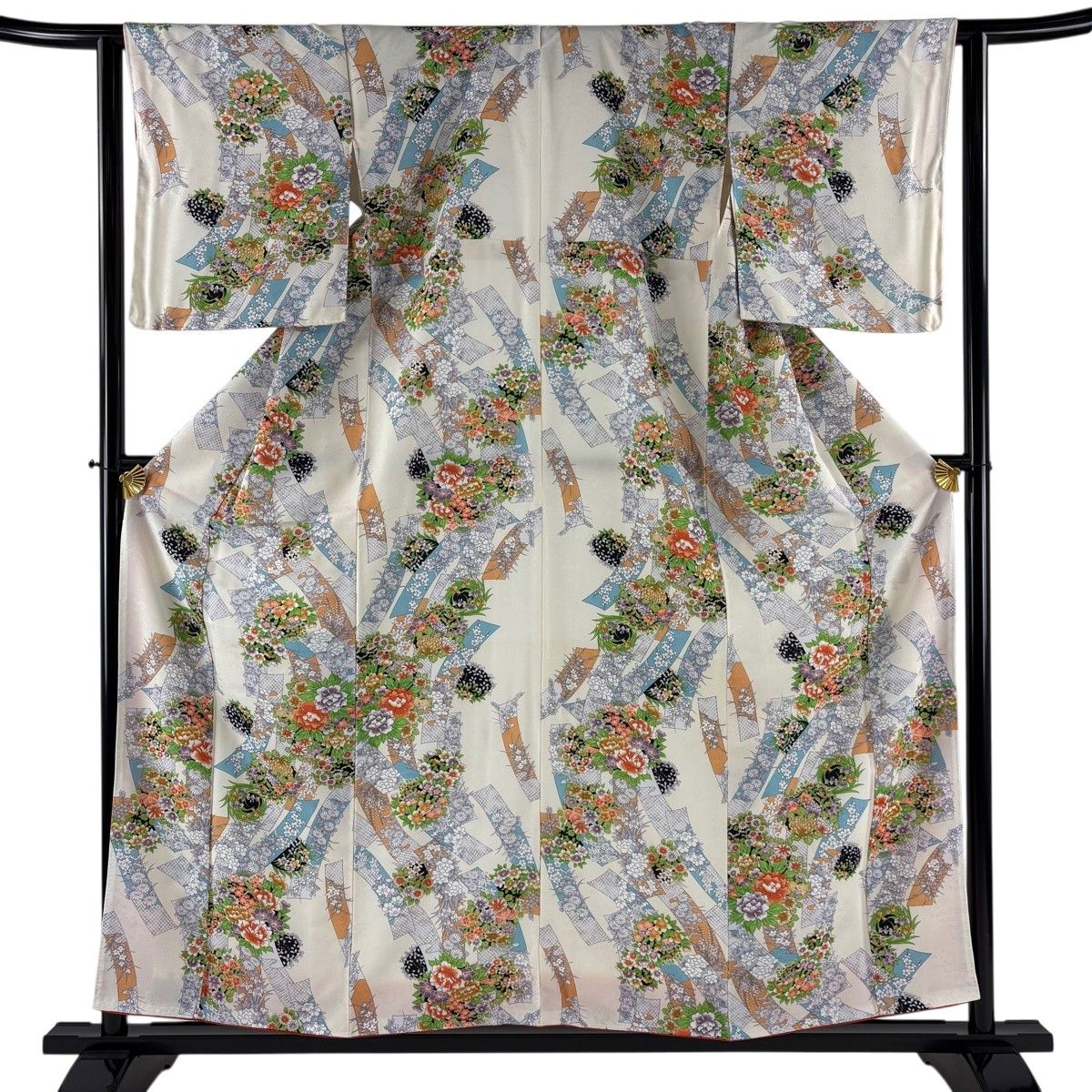美品】 小紋 身丈157cm 裄丈63.5cm S 袷 草花 短冊 クリーム 正絹 優品 