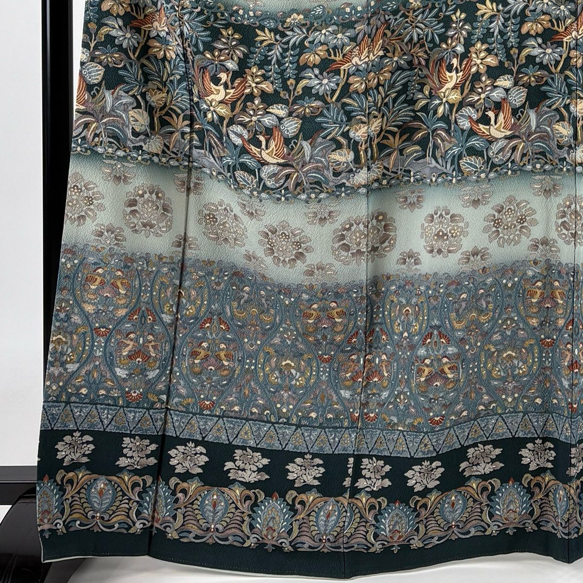 訪問着 身丈166.5cm 裄丈68cm L 袷 向かい鳥 草花 ぼかし 青灰色 正絹 名品 【中古】