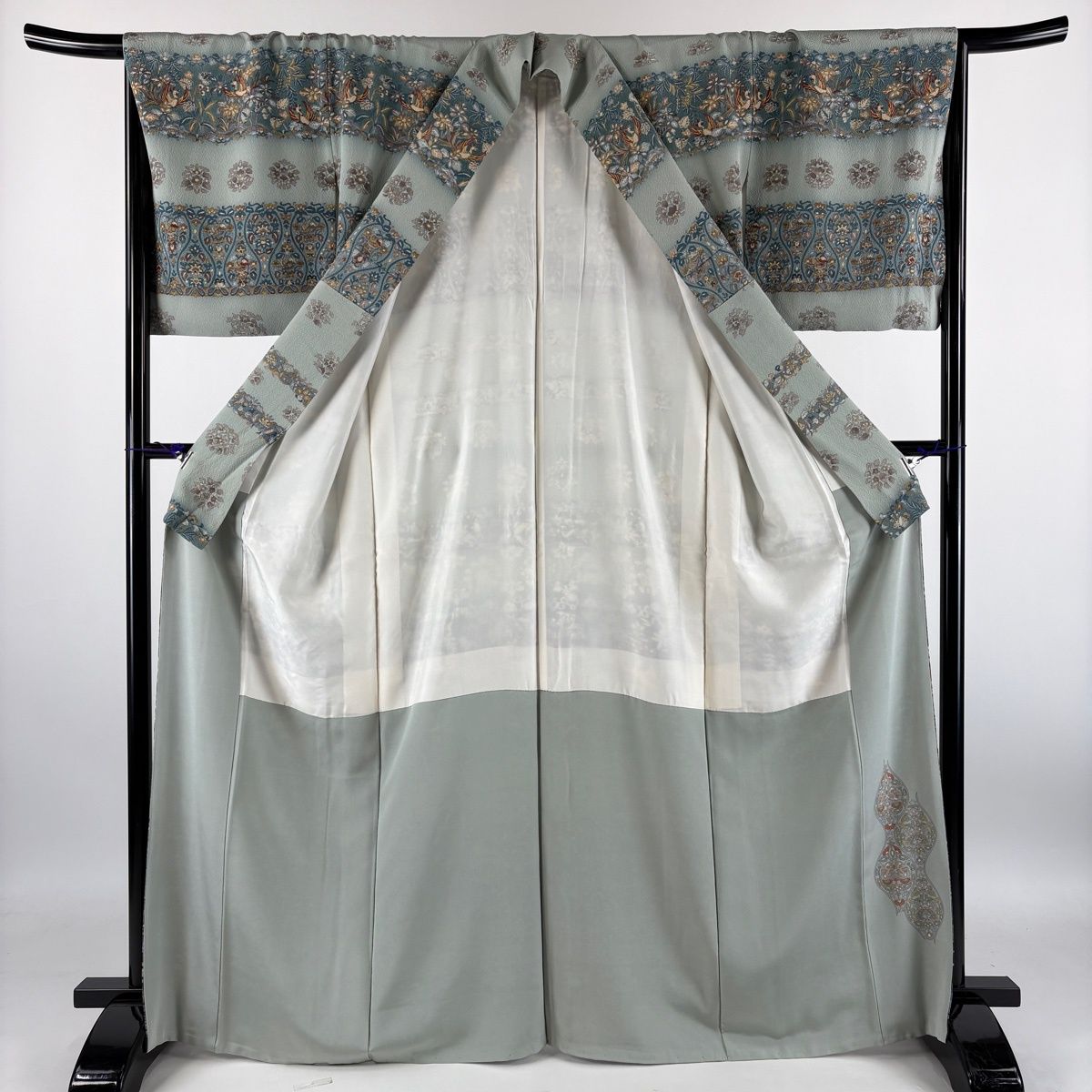 訪問着 身丈166.5cm 裄丈68cm L 袷 向かい鳥 草花 ぼかし 青灰色 正絹 名品 【中古】