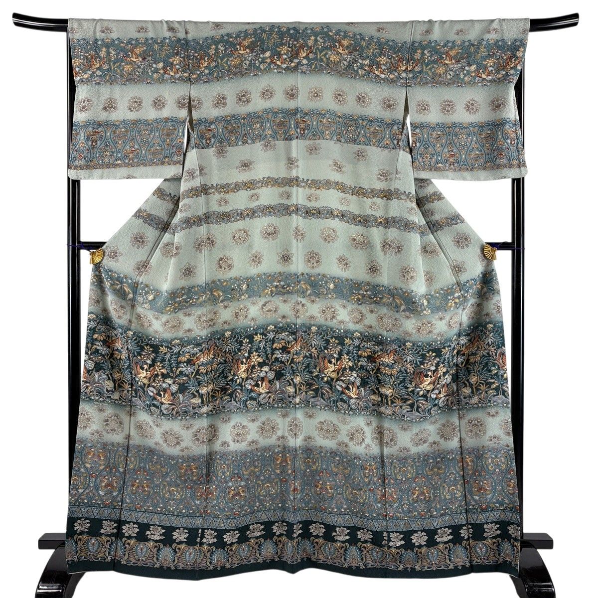 訪問着 身丈166.5cm 裄丈68cm L 袷 向かい鳥 草花 ぼかし 青灰色 正絹 名品 【中古】