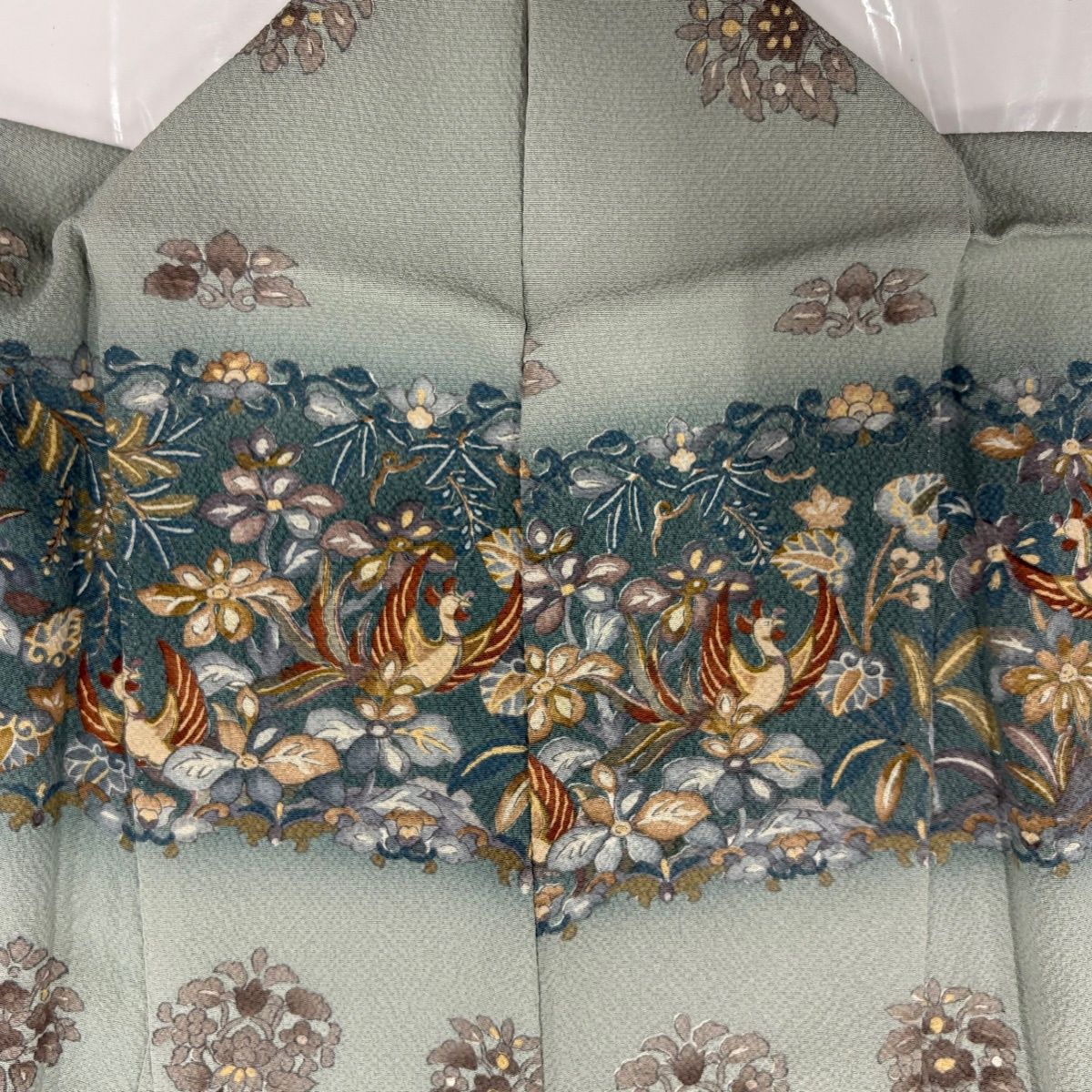 訪問着 身丈166.5cm 裄丈68cm L 袷 向かい鳥 草花 ぼかし 青灰色 正絹 名品 【中古】