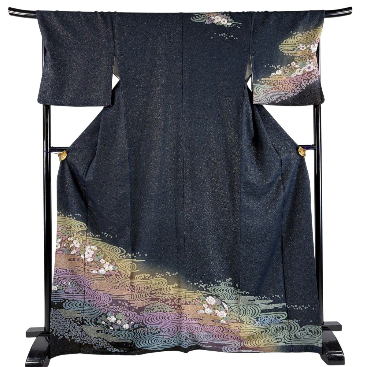 美品】 訪問着 身丈170cm 裄丈68.5cm L 袷 草花 流水 金通し 絞り 墨色