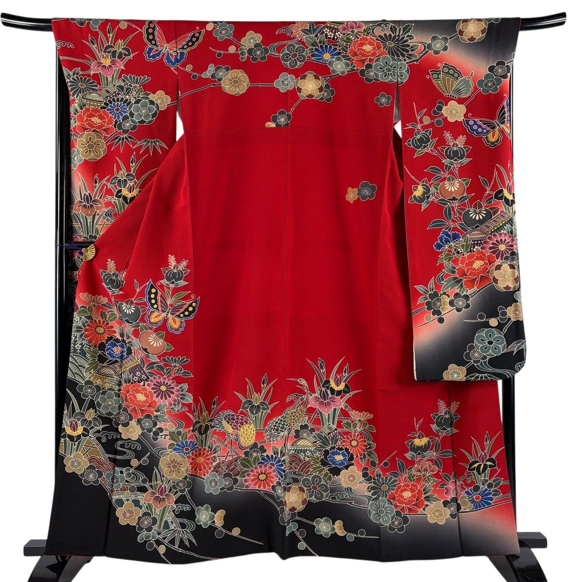 【美品】 振袖 身丈162cm 裄丈68.5cm L 袷 落款 草花 蝶 染め分け ぼかし 赤 正絹 名品 【中古】