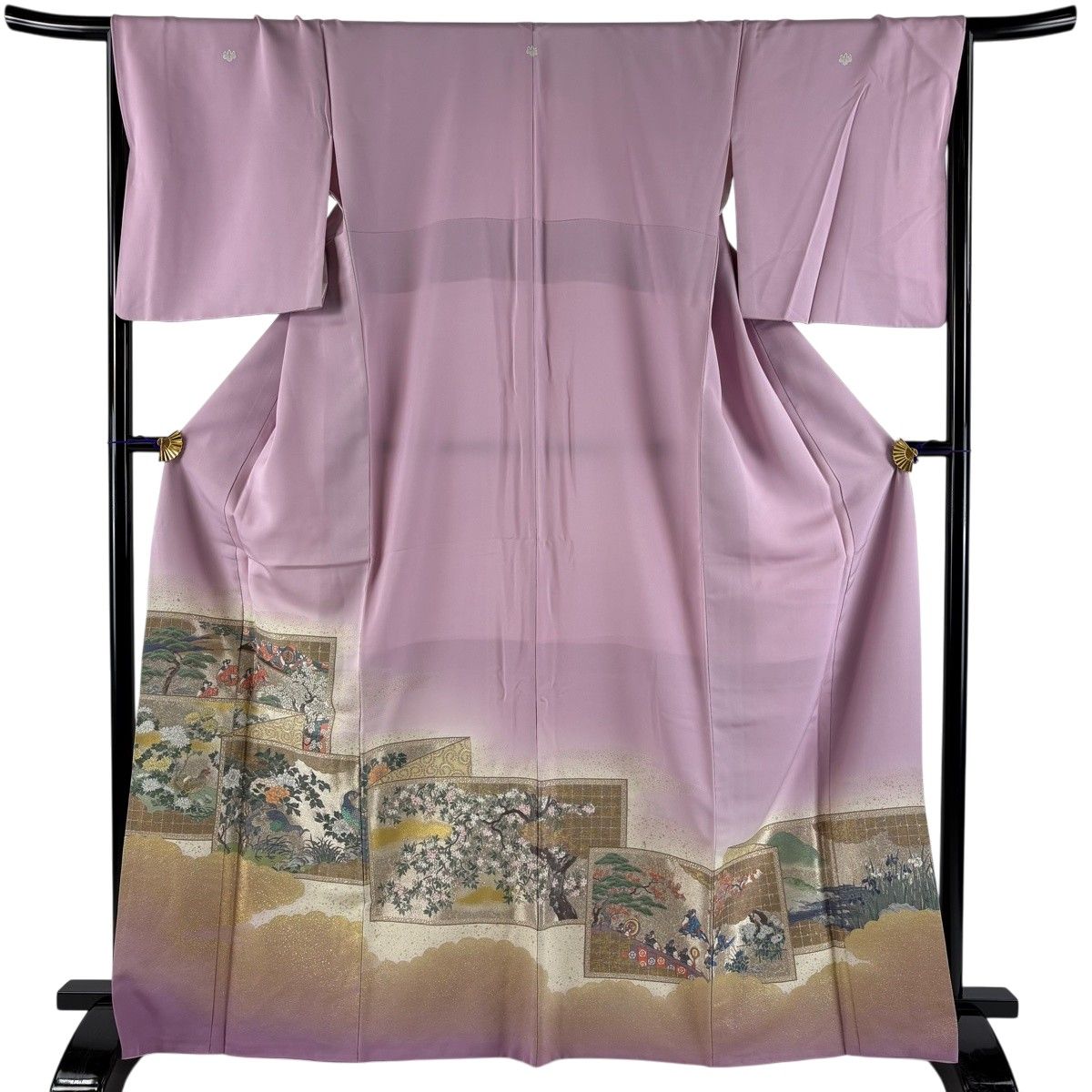 紬 身丈160cm 裄丈67.5cm L 袷 亀甲 幾何学模様 茶緑色 正絹 秀品 