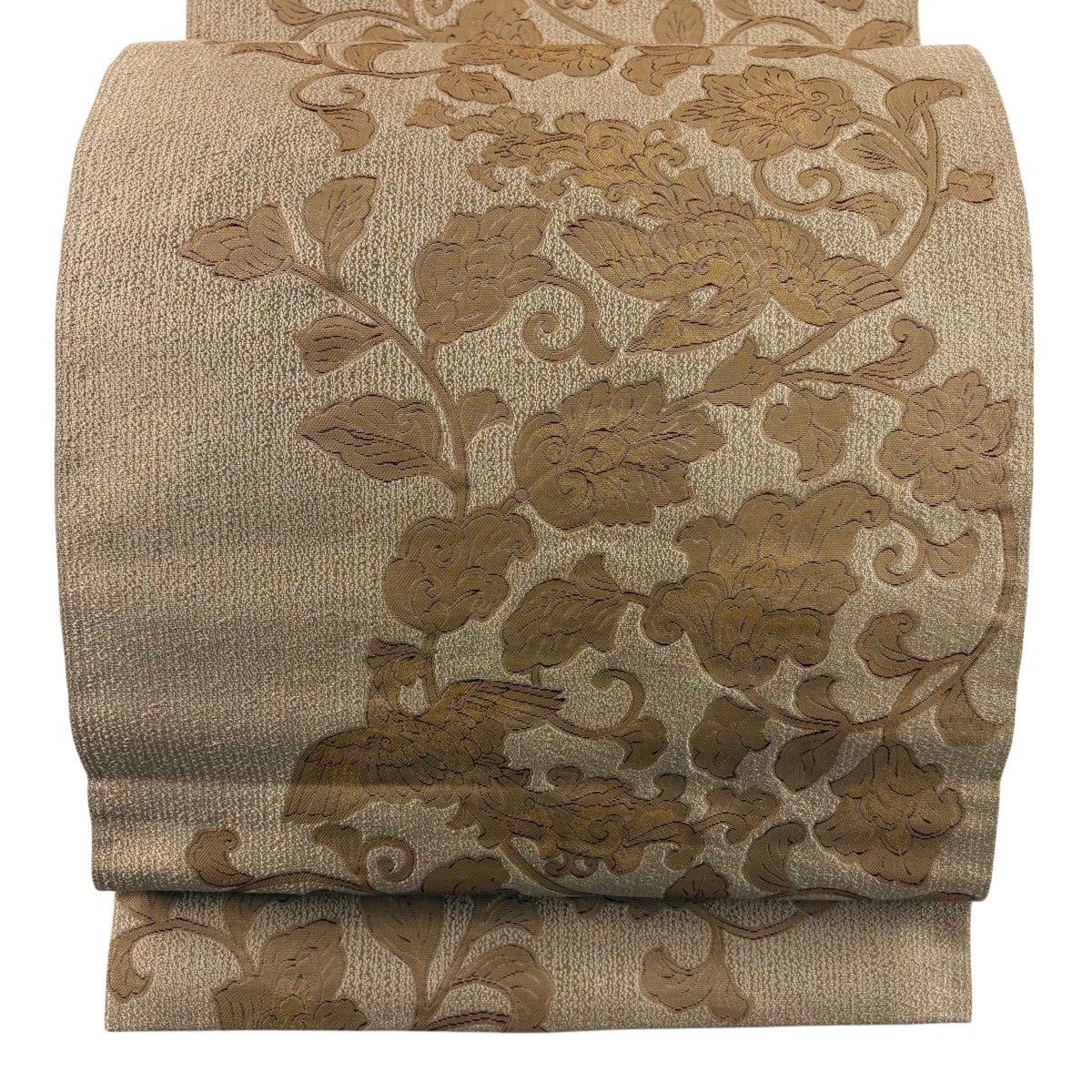 【美品】 袋帯 名品 鳳凰 花唐草 金糸 箔 薄茶色 六通 正絹 【中古】