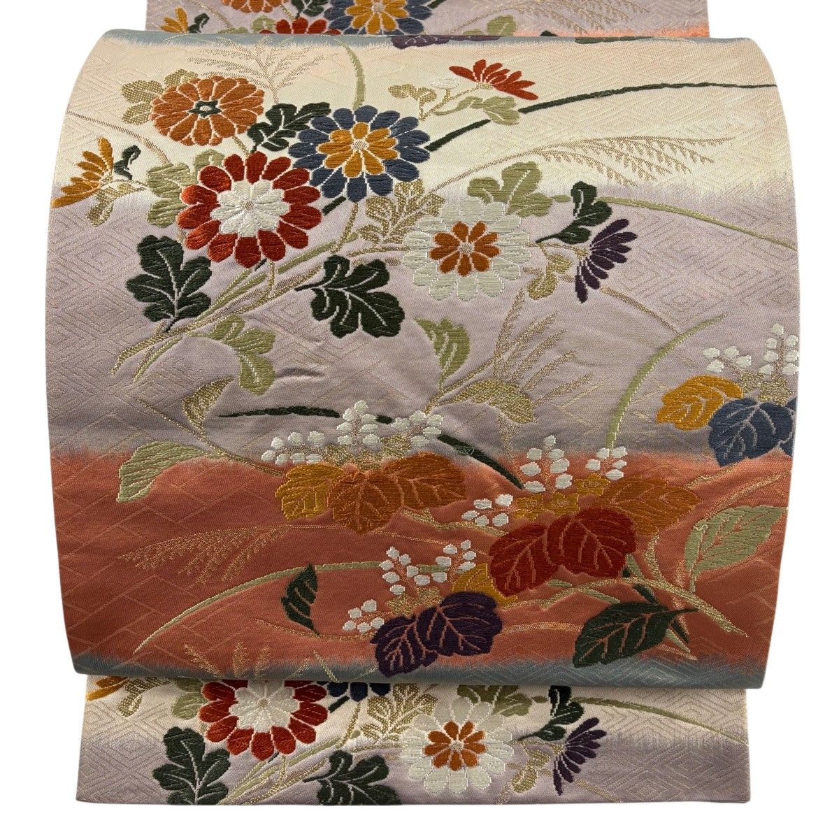 袋帯 名品 菊 桐 刺繍 箔 ベージュ 六通 正絹 【中古】