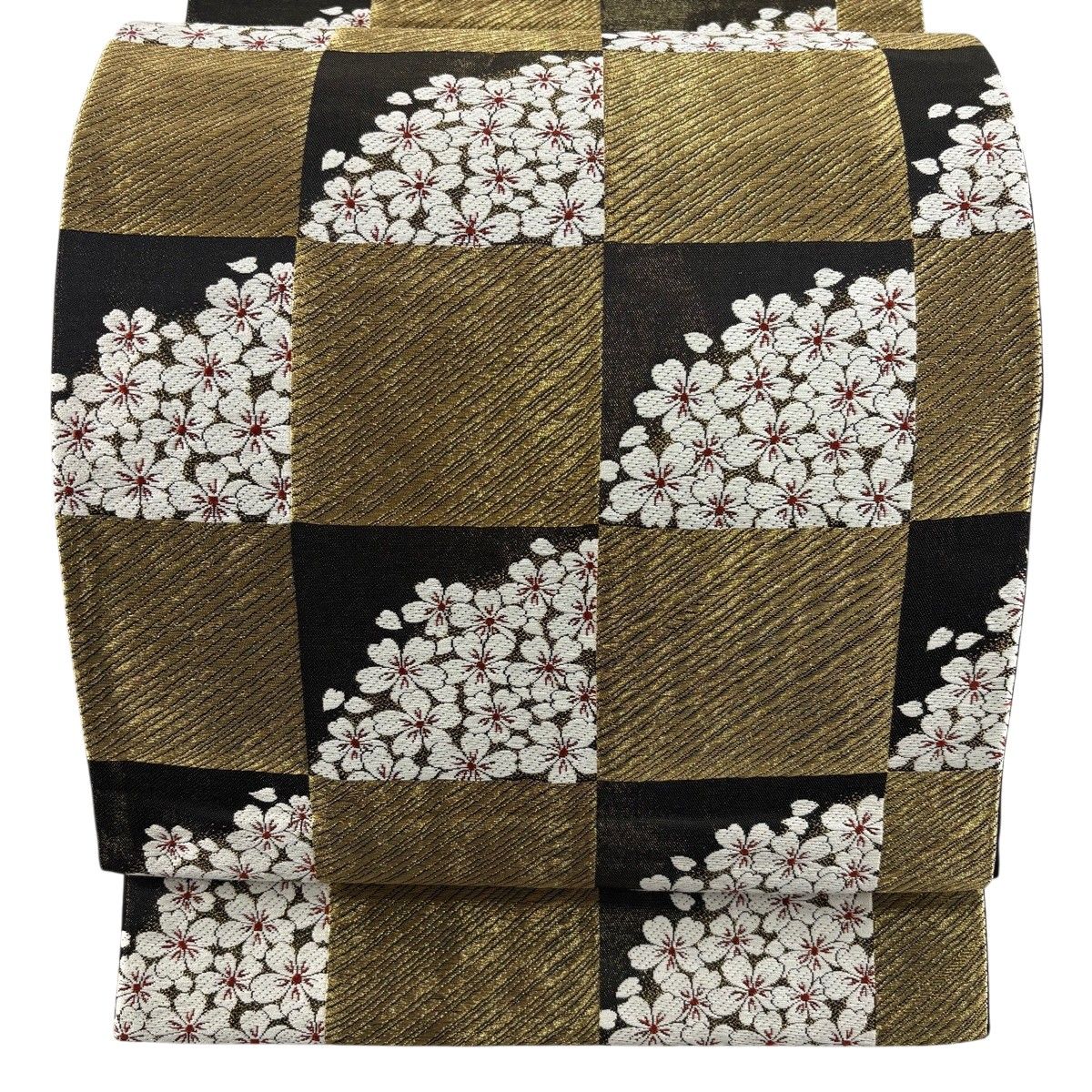 【美品】 袋帯 名品 鈴乃屋 市松 桜 箔 唐織 金茶 六通 正絹 【中古】