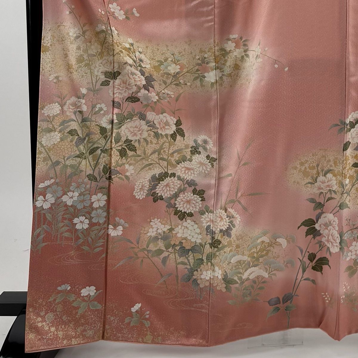 訪問着 身丈165.5cm 裄丈68cm L 袷 草花 流水 金彩 ぼかし ピンク 正絹