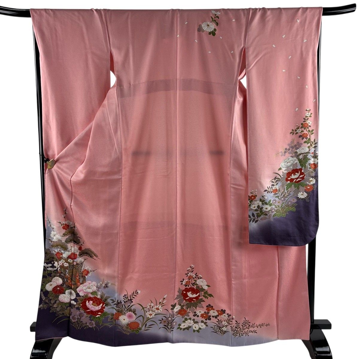 振袖 身丈167.5cm 裄丈68.5cm L 袷 御所車 松梅 金彩 ぼかし ピンク 正絹 秀品 【中古】