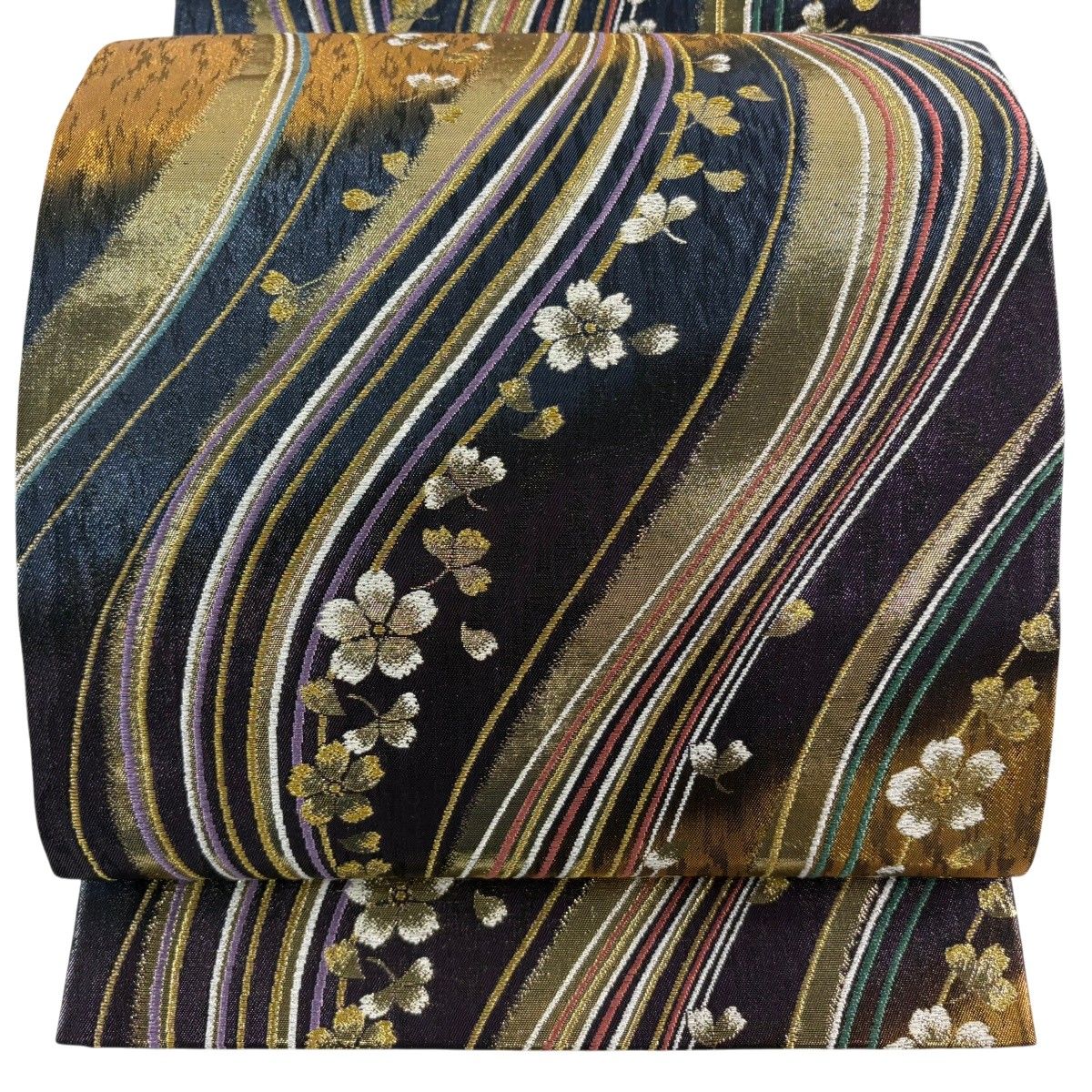 【美品】 袋帯 秀品 桜 花弁 箔 金糸 紫 六通 正絹 【中古】