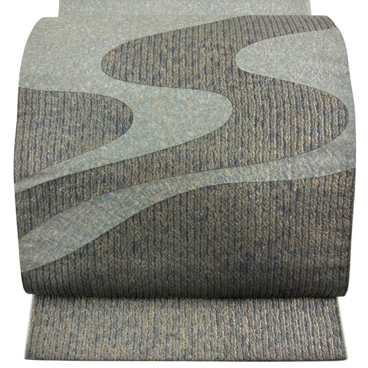 【美品】 袋帯 秀品 流水 箔 灰緑 お太鼓柄 正絹 【中古】