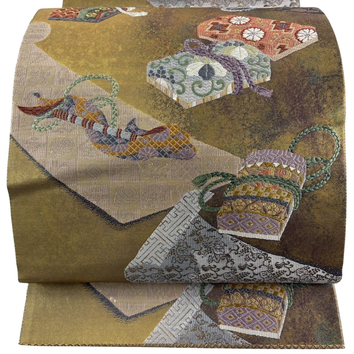 【美品】 袋帯 秀品 笛文箱文 金銀糸 箔 金色 六通 正絹 【中古】