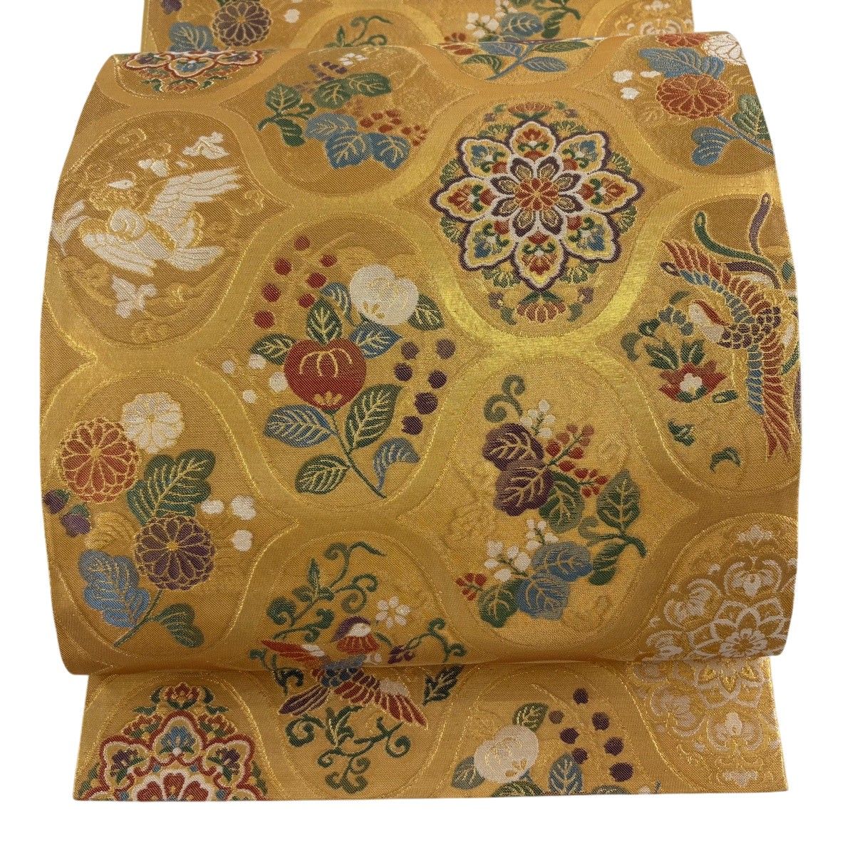 【美品】 袋帯 秀品 花鳥 華文 金糸 箔 金色 六通 正絹 【中古】