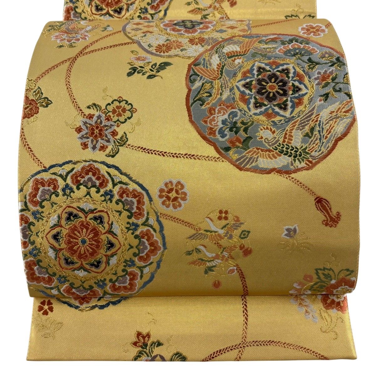 【美品】 袋帯 秀品 鏡裏文 花鳥 金糸 箔 金色 六通 正絹 【中古】