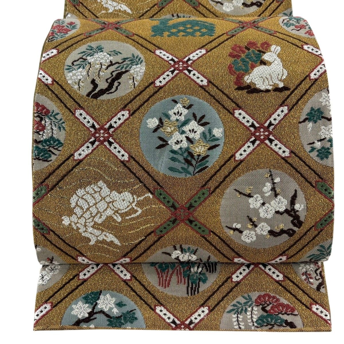 【美品】 袋帯 秀品 関西仕立て 格天井 吉祥文様 金糸 黄土色 六通 正絹 【中古】