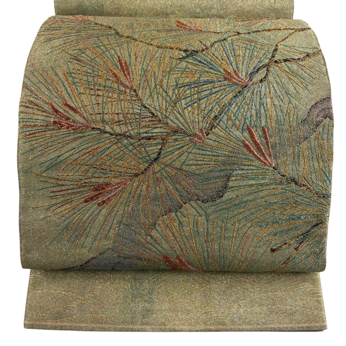 【美品】 袋帯 秀品 関西仕立て 若松 金糸 箔 薄緑 お太鼓柄 正絹 【中古】