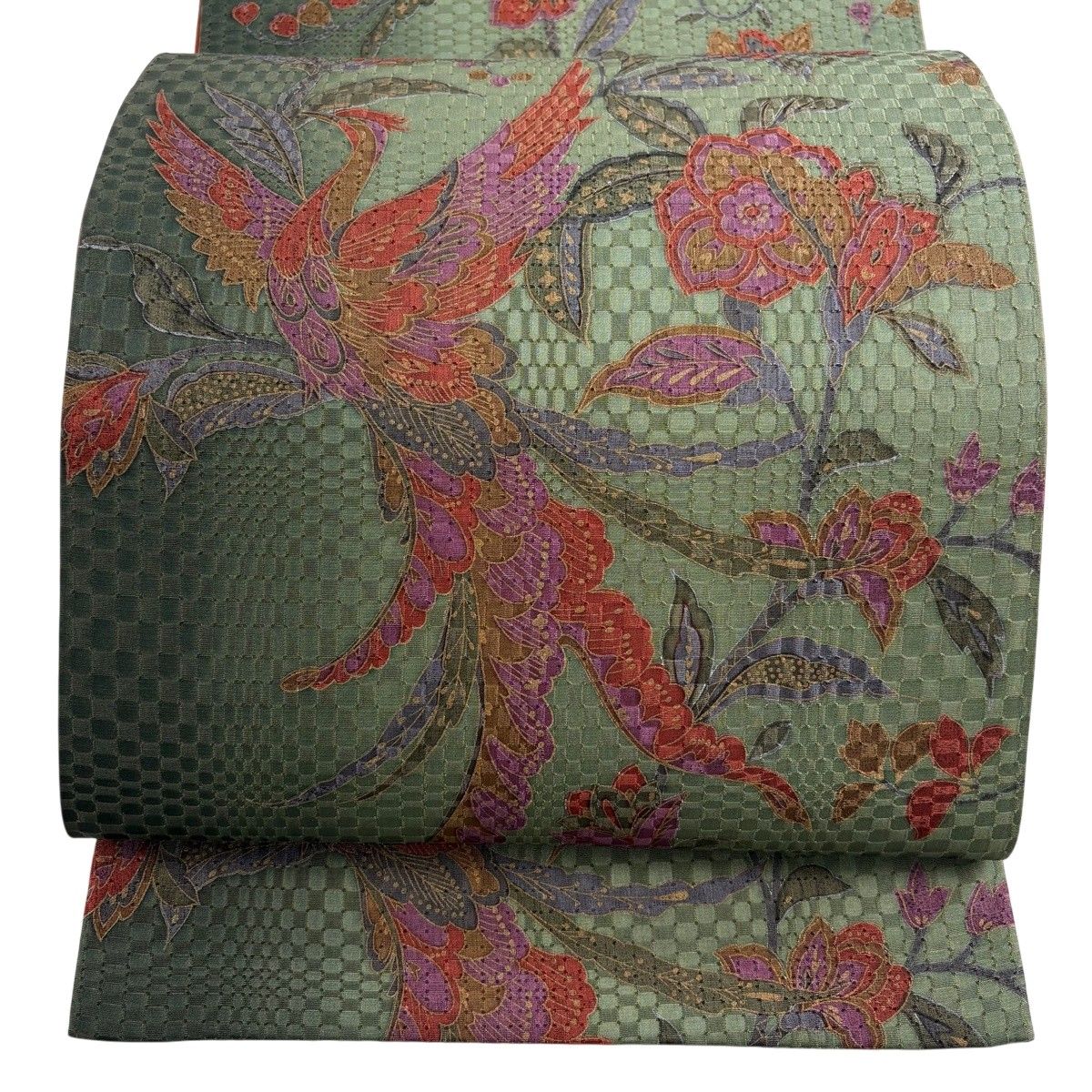 【美品】 袋帯 秀品 草花 鳥 金彩 ぼかし 緑 全通 正絹 【中古】