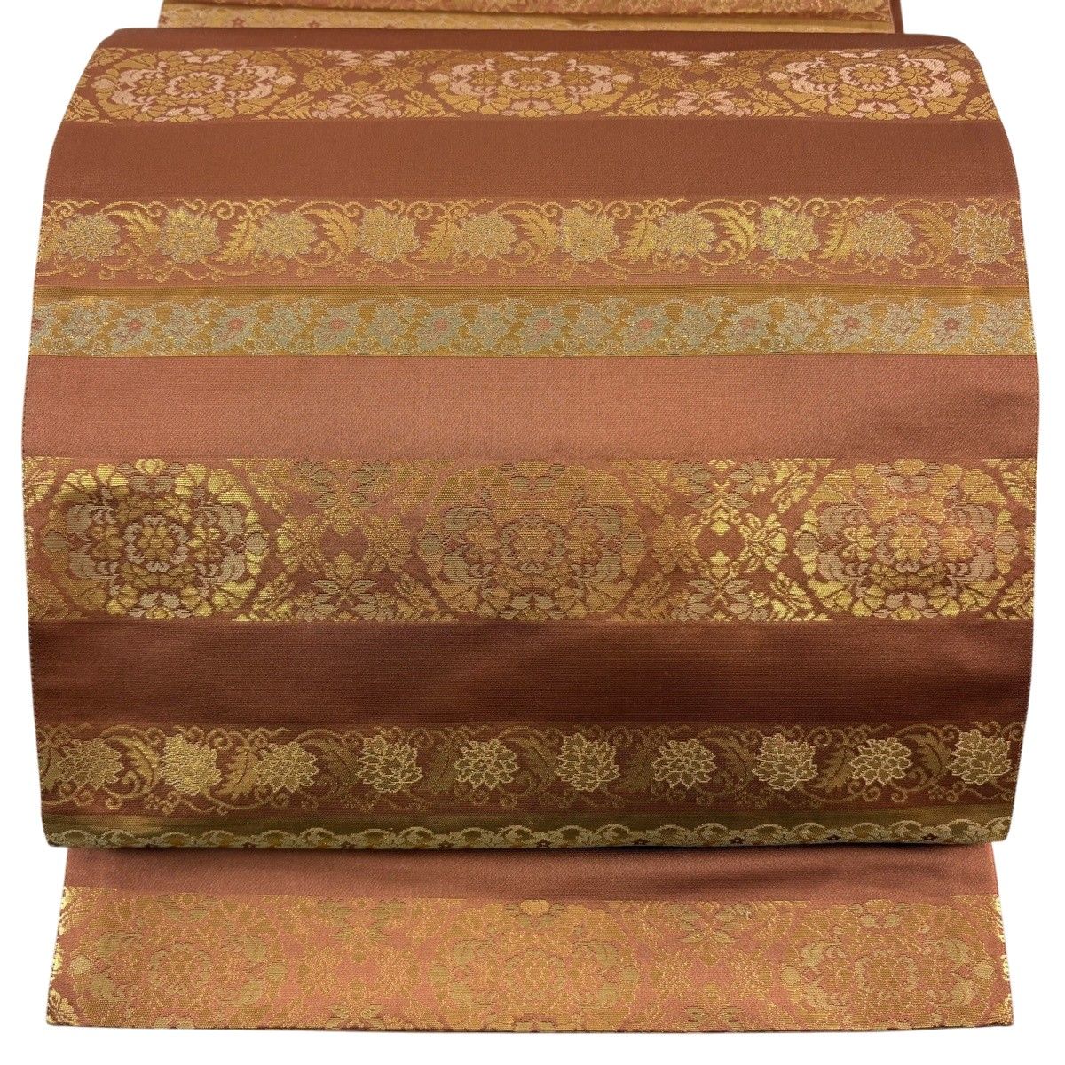 【美品】 袋帯 秀品 華文 花唐草 箔 草木染 赤茶 お太鼓柄 正絹 【中古】