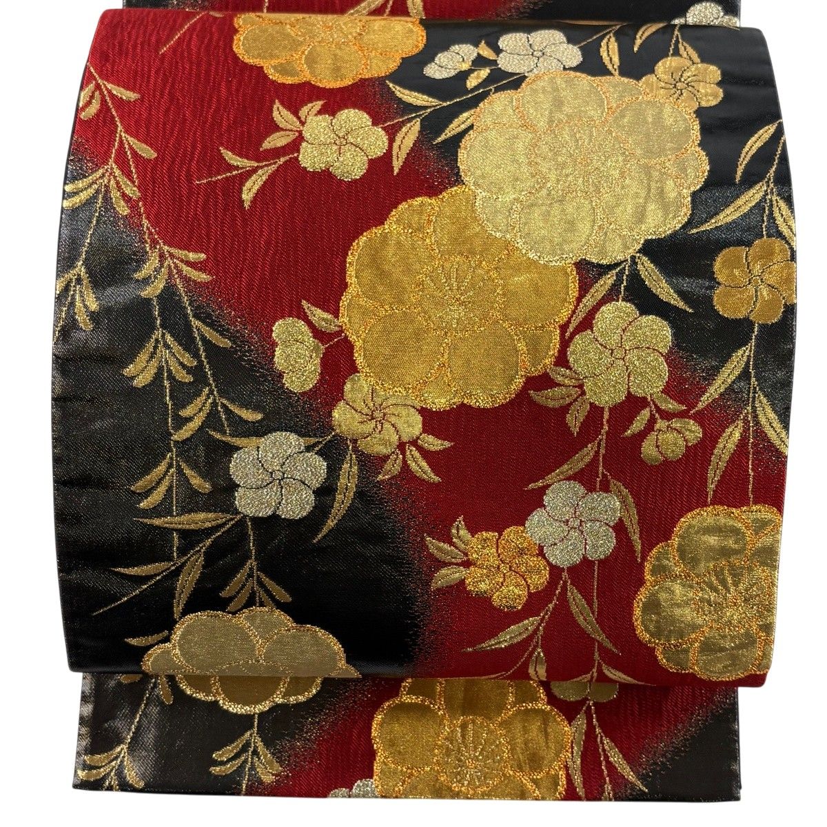 【美品】 袋帯 秀品 梅 枝葉 箔 金糸 赤 六通 正絹 【中古】