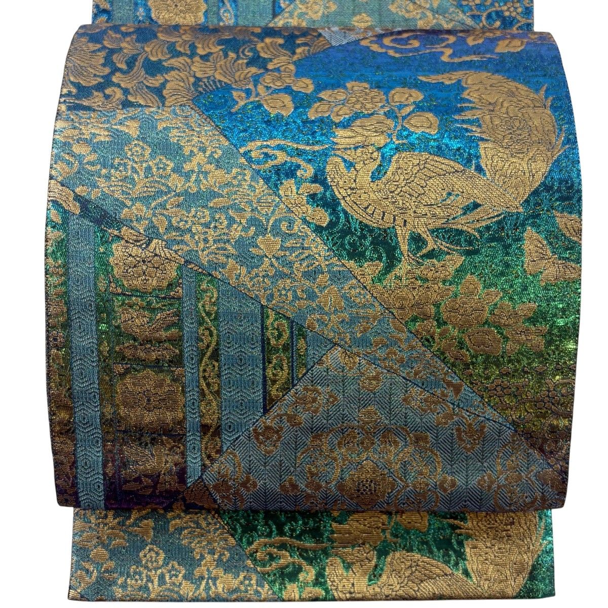 【美品】 袋帯 秀品 花喰い鳥 草花 箔 金糸 青緑 六通 正絹 【中古】