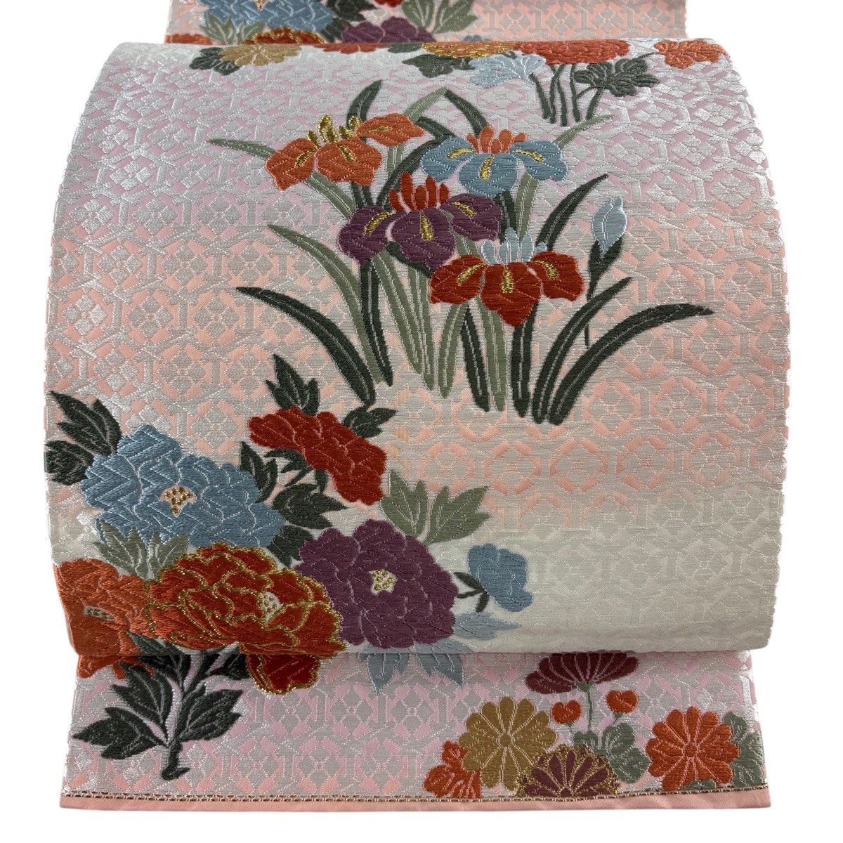 【美品】 袋帯 秀品 唐織錦 牡丹菖蒲菊芒文 草花 亀甲 唐織 金糸 薄ピンク 六通 正絹 【中古】