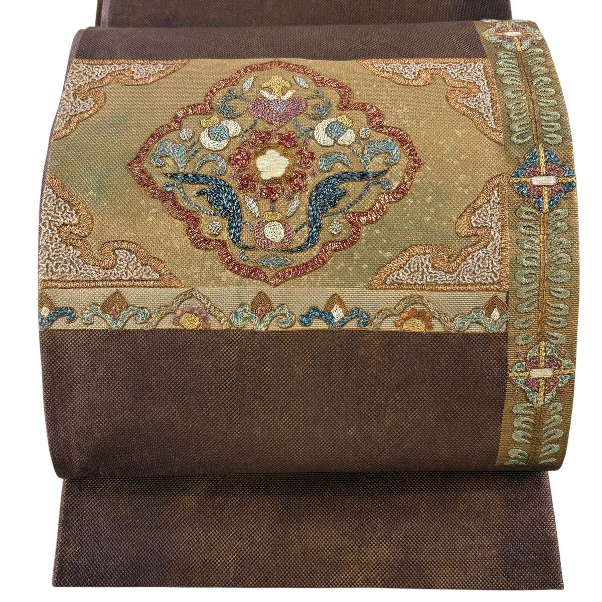 【美品】 袋帯 秀品 華文 草花 箔 金糸 焦茶色 お太鼓柄 正絹 【中古】