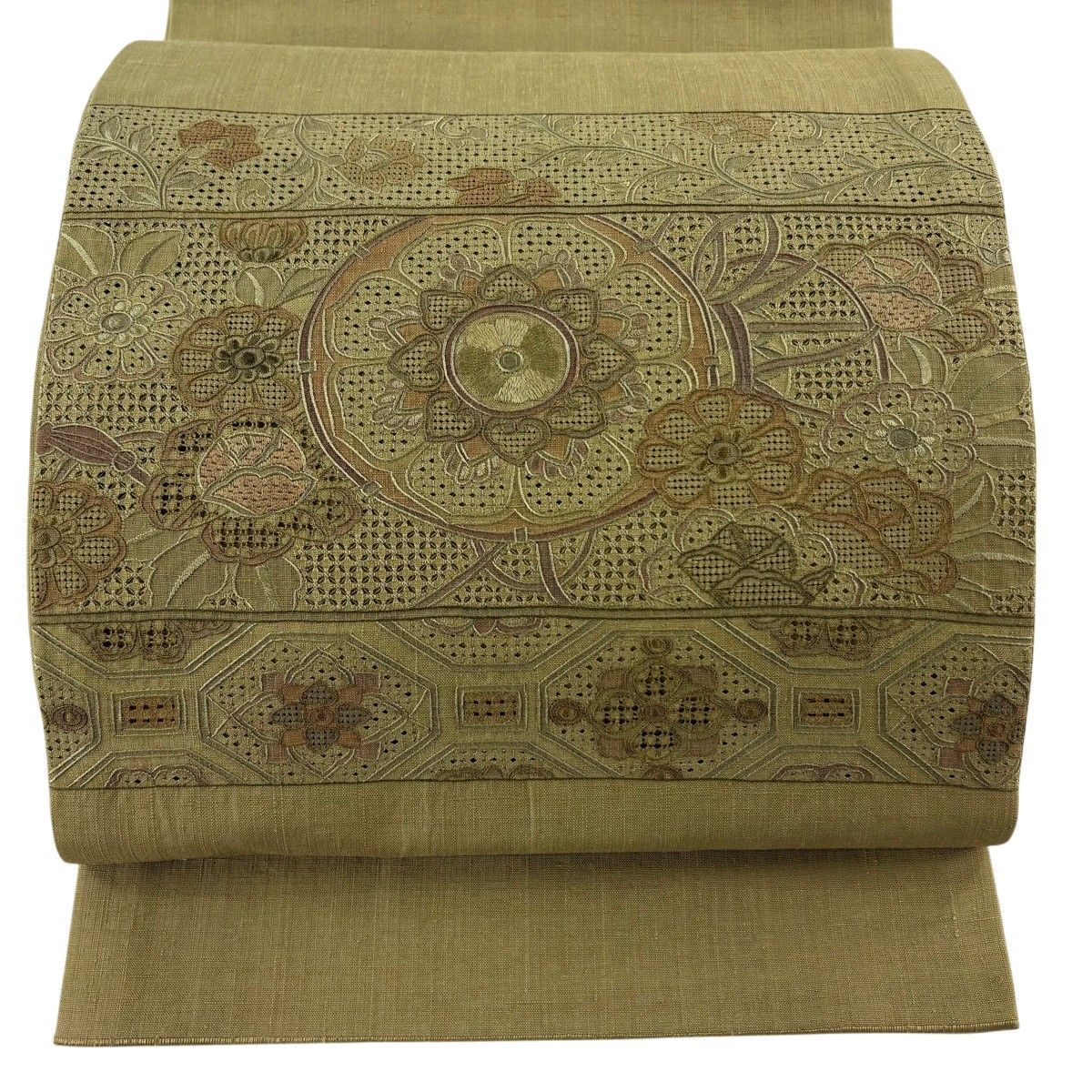【美品】 袋帯 秀品 関西仕立て 紬地 華文 草花 刺繍 鶯色 お太鼓柄 正絹 【中古】