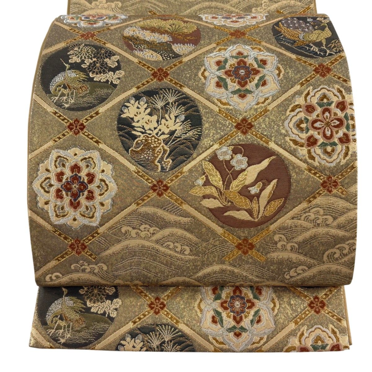 【美品】 袋帯 秀品 菱天井 華文 金銀糸 箔 金茶 六通 正絹 【中古】