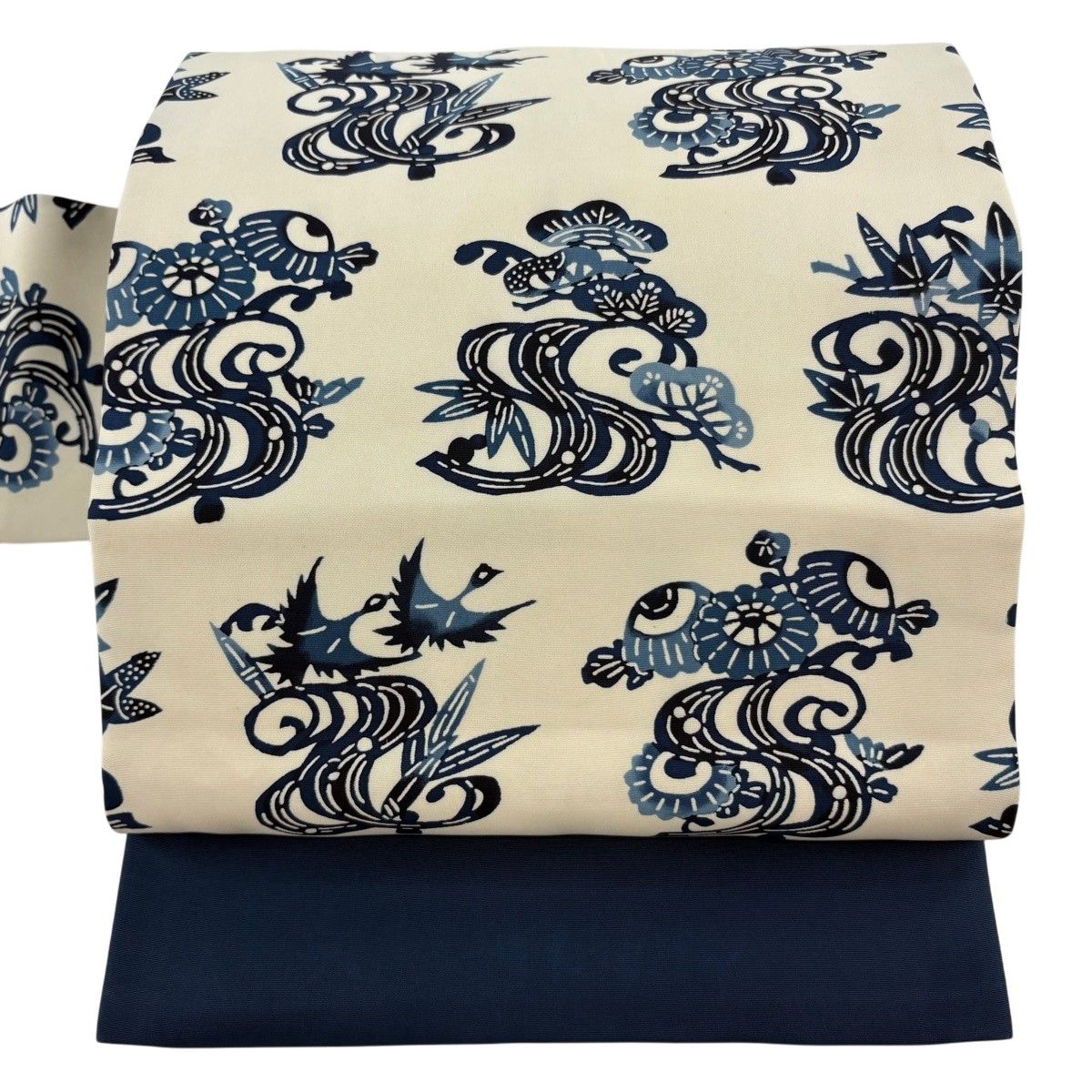 名古屋帯 秀品 花鳥 流水 クリーム 正絹 【中古】