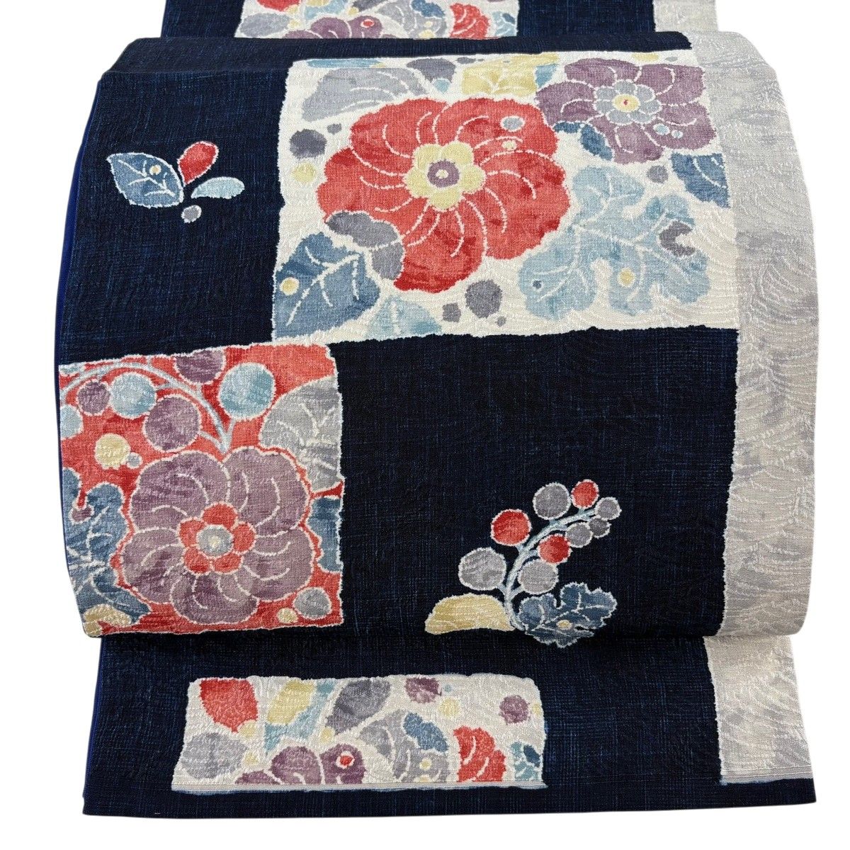 【美品】 袋帯 秀品 草花 紺色 全通 正絹 【中古】