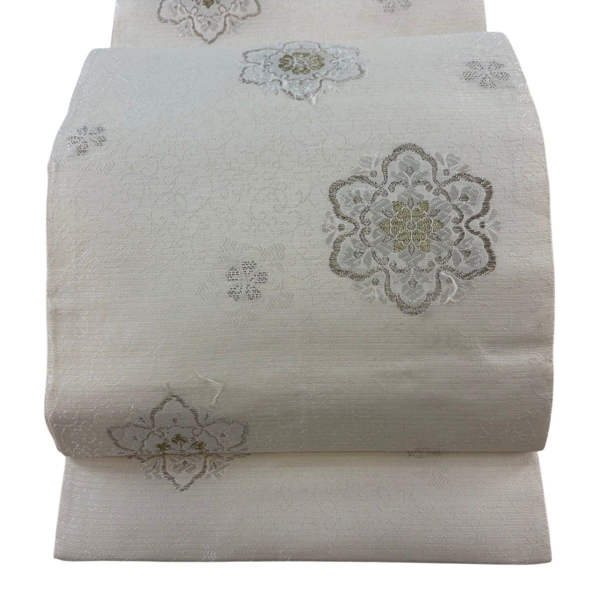 袋帯 秀品 夏帯 華文 花 銀糸 唐織 クリーム 六通 正絹 【中古】