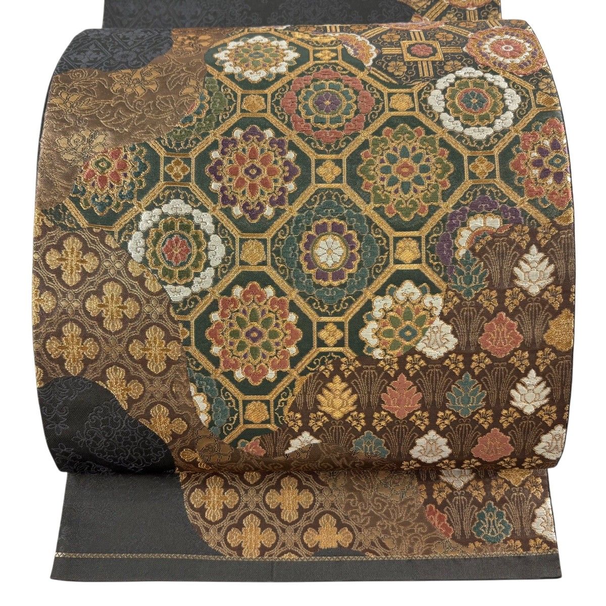 【美品】 袋帯 秀品 関西仕立て 蜀江華文 金糸 箔 墨色 六通 正絹 【中古】