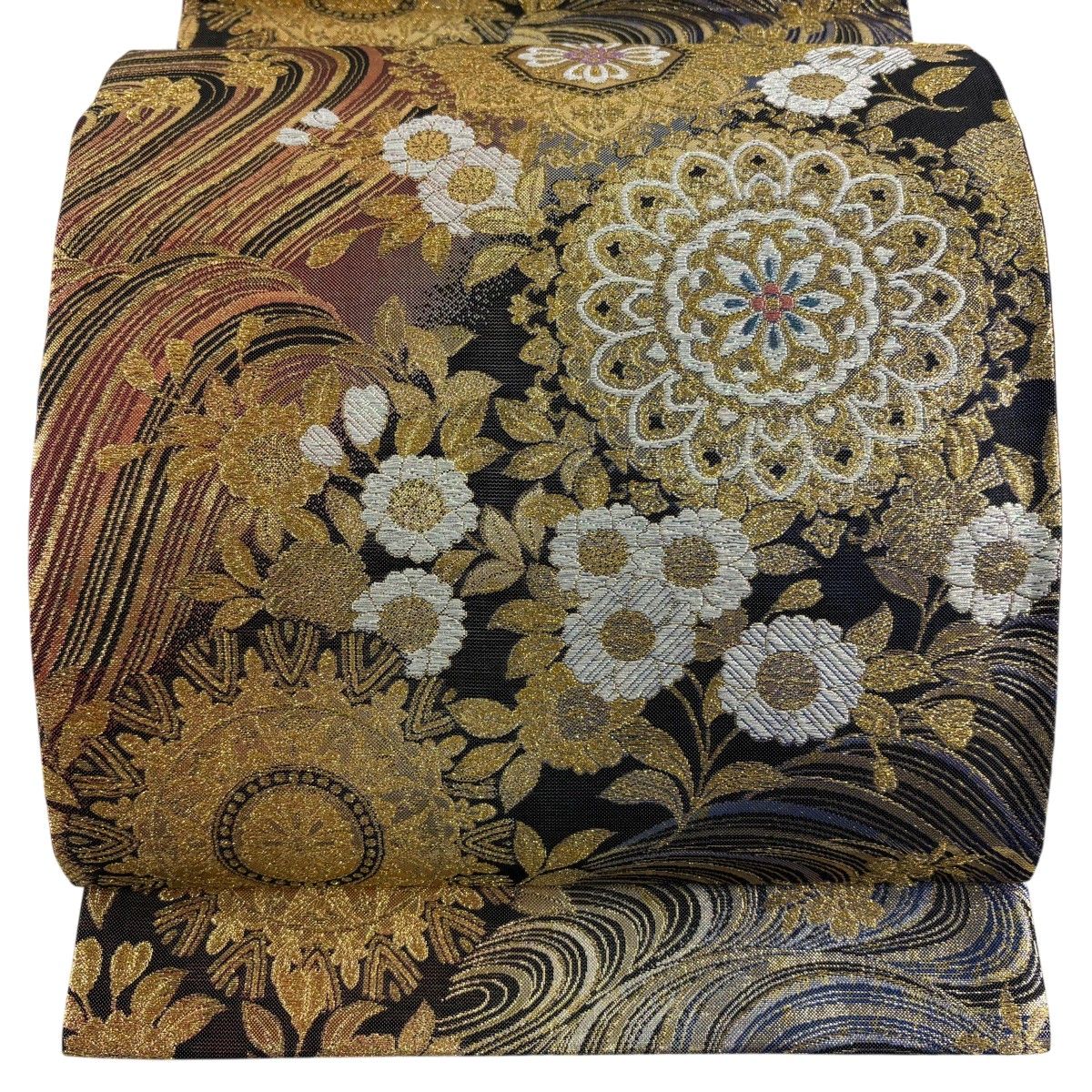 【美品】 袋帯 秀品 華文 草花 金糸 箔 青灰色 六通 正絹 【中古】