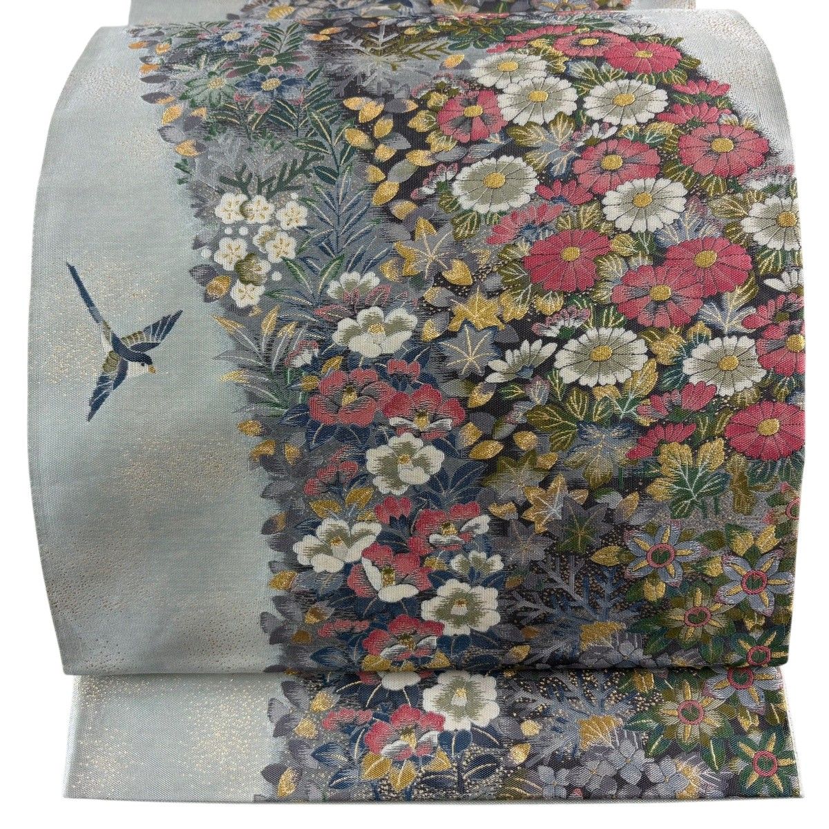 【美品】 袋帯 秀品 鳥 草花 金糸 箔 青灰色 六通 正絹 【中古】