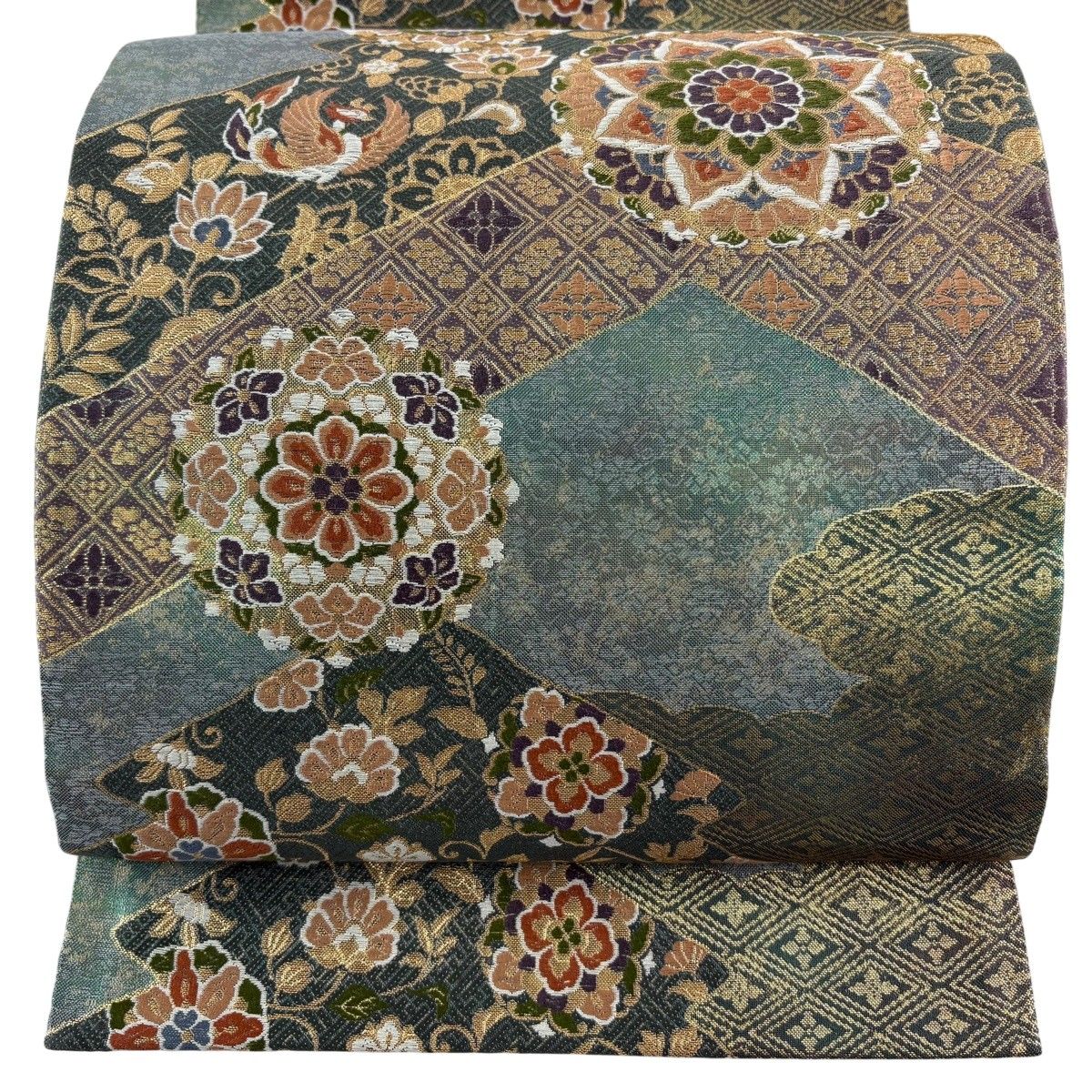 【美品】 袋帯 秀品 華文 花鳥 刺繍 箔 緑 六通 正絹 【中古】