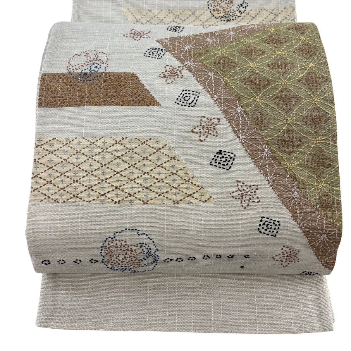 【美品】 袋帯 逸品 夏帯 雪輪 七宝 刺し子刺繍 灰茶 お太鼓柄 正絹 【中古】