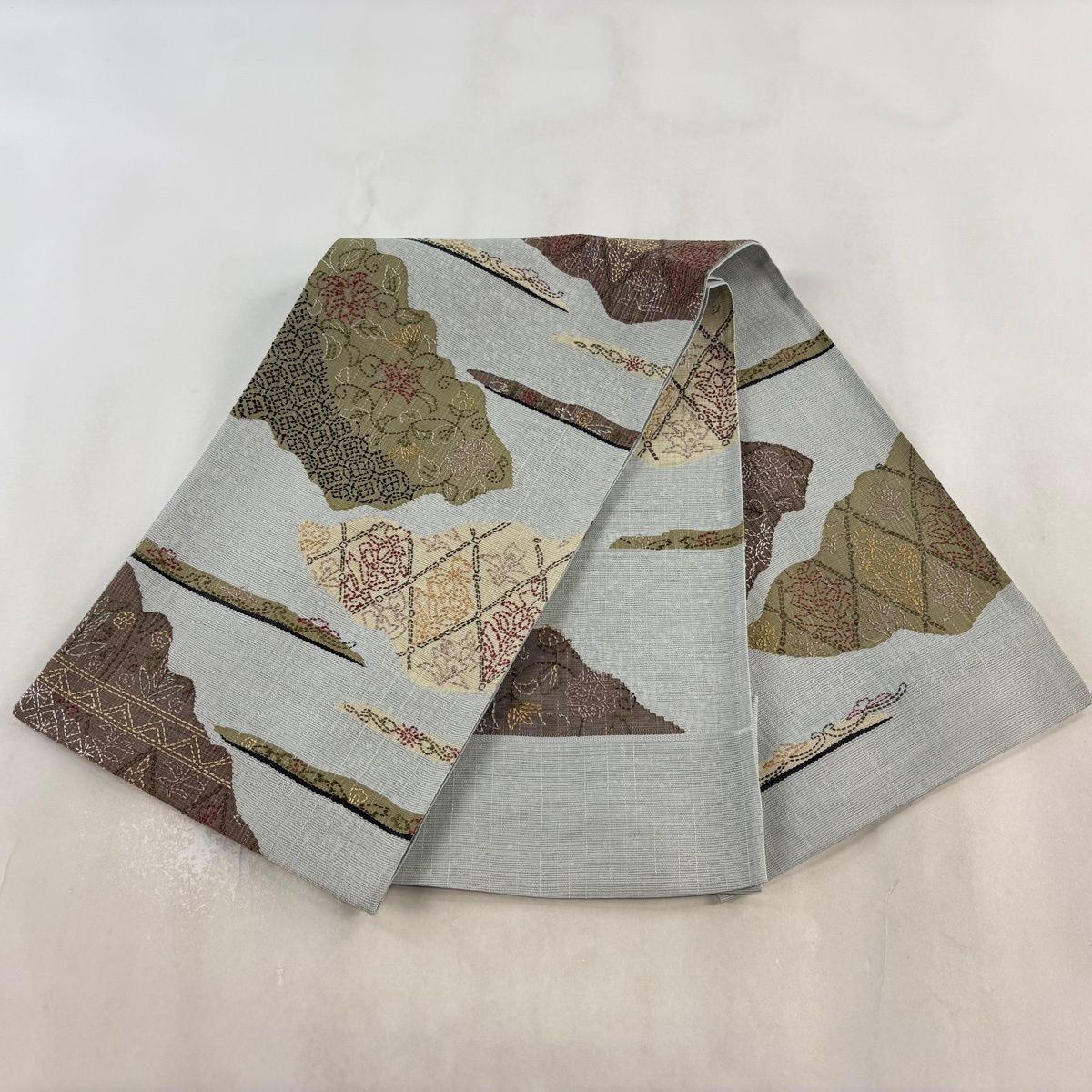 10.中国三大刺繍 相良刺繍 刺し子 太鼓柄袋帯 紬地 洋花唐草文