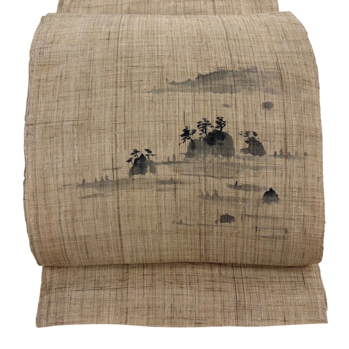 開き名古屋帯 逸品 夏帯 八寸名古屋帯 風景 樹木 薄茶色 麻 【中古】