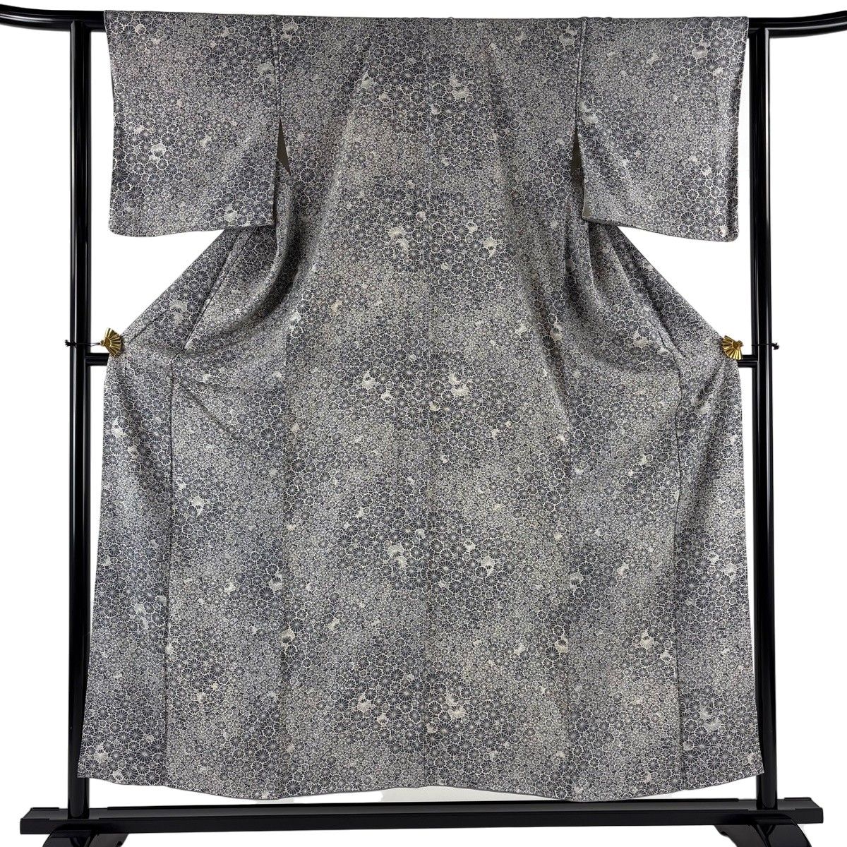 美品】 小紋 身丈152cm 裄丈62cm S 袷 花柄 灰色 正絹 優品 【中古