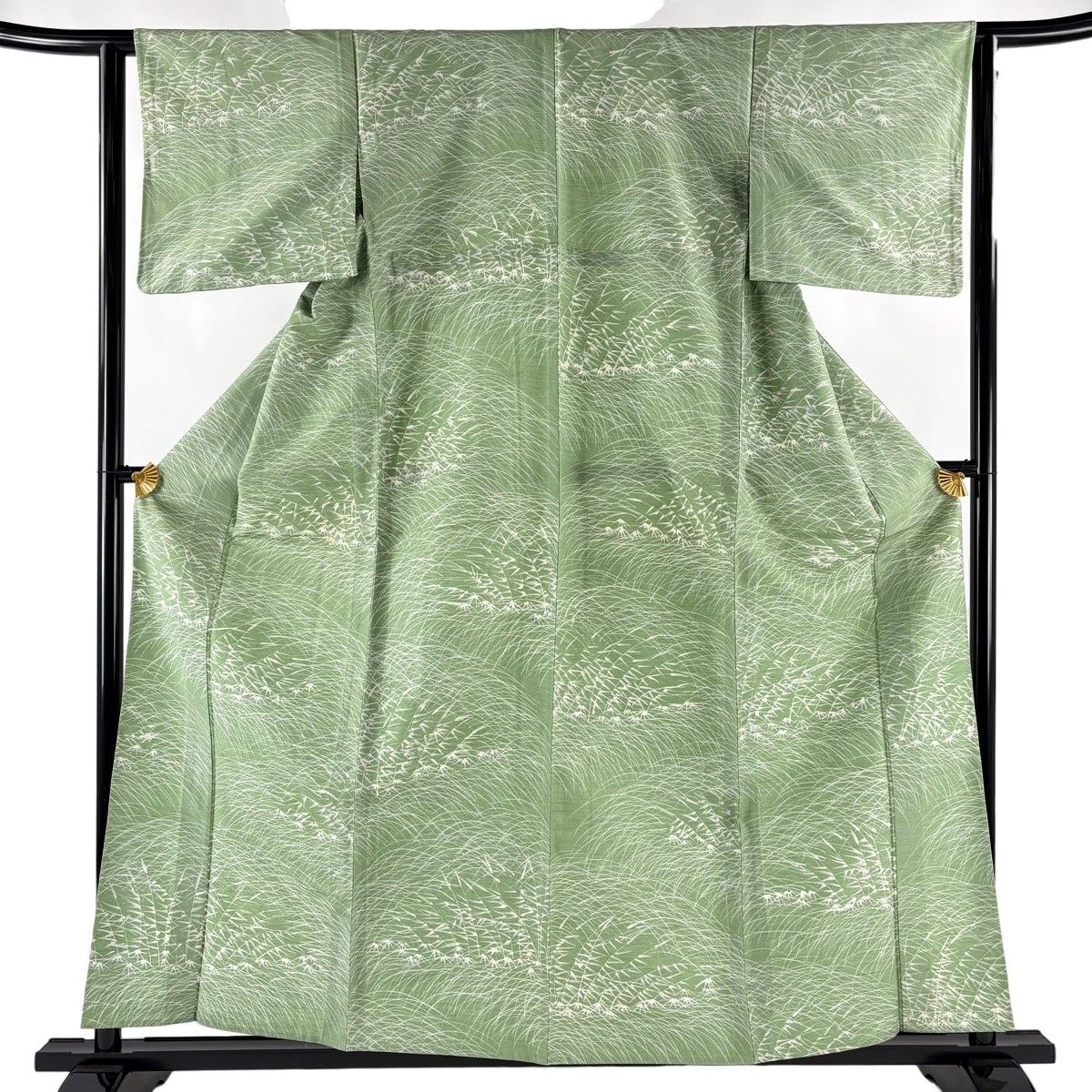 【美品・単衣】緑系チェック柄 小紋 着物　正絹　身丈148cm裄62cm 美品】 小紋 身丈159cm 裄丈62cm S 単衣 紬地 笹 芝 薄緑 正絹 優品