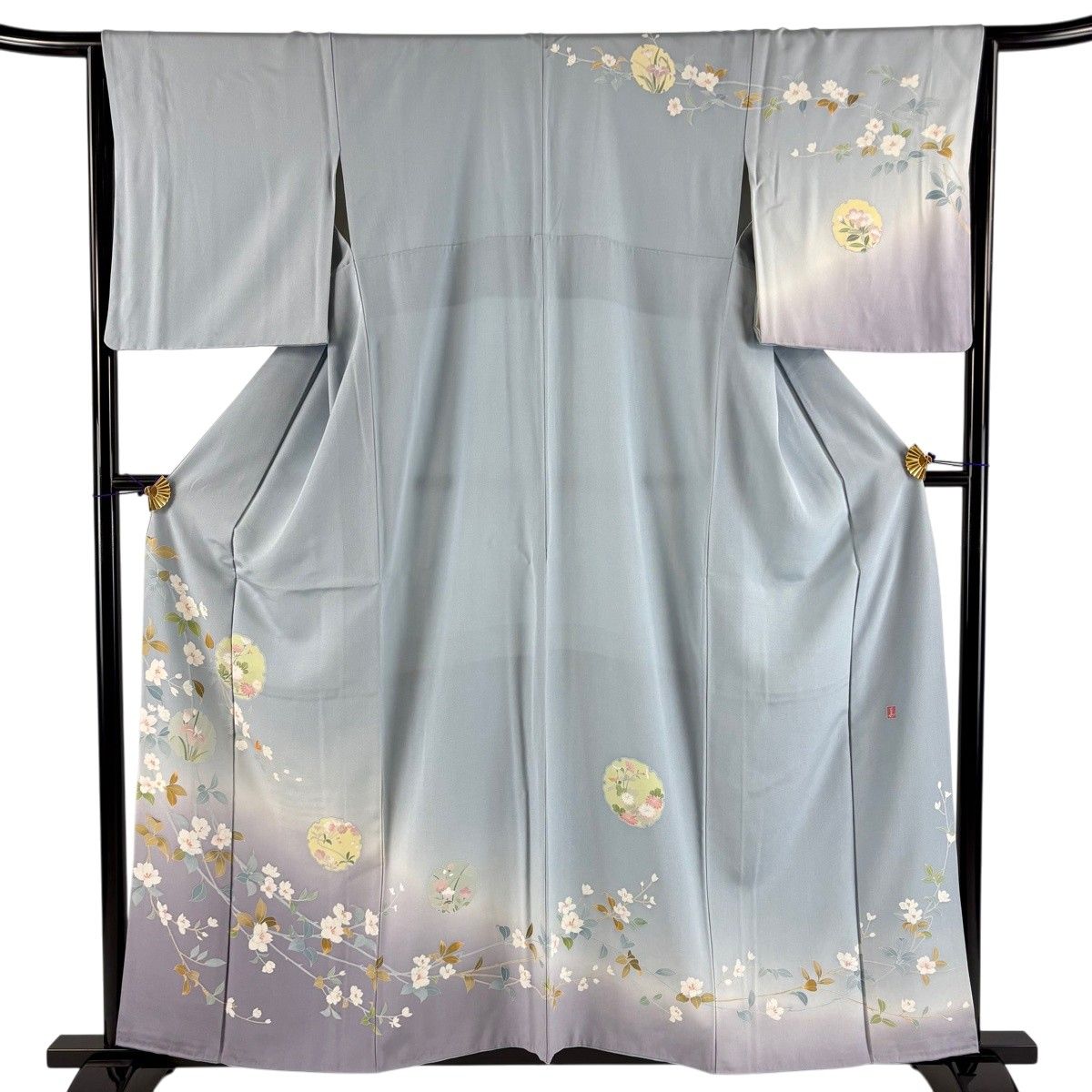 【美品】訪問着　袷落款が花染め分けぼかし藍色正絹名品【中古】 訪問着 身丈157cm 裄丈65cm M 袷 落款 雪輪 草花 染め分け ぼかし 水色