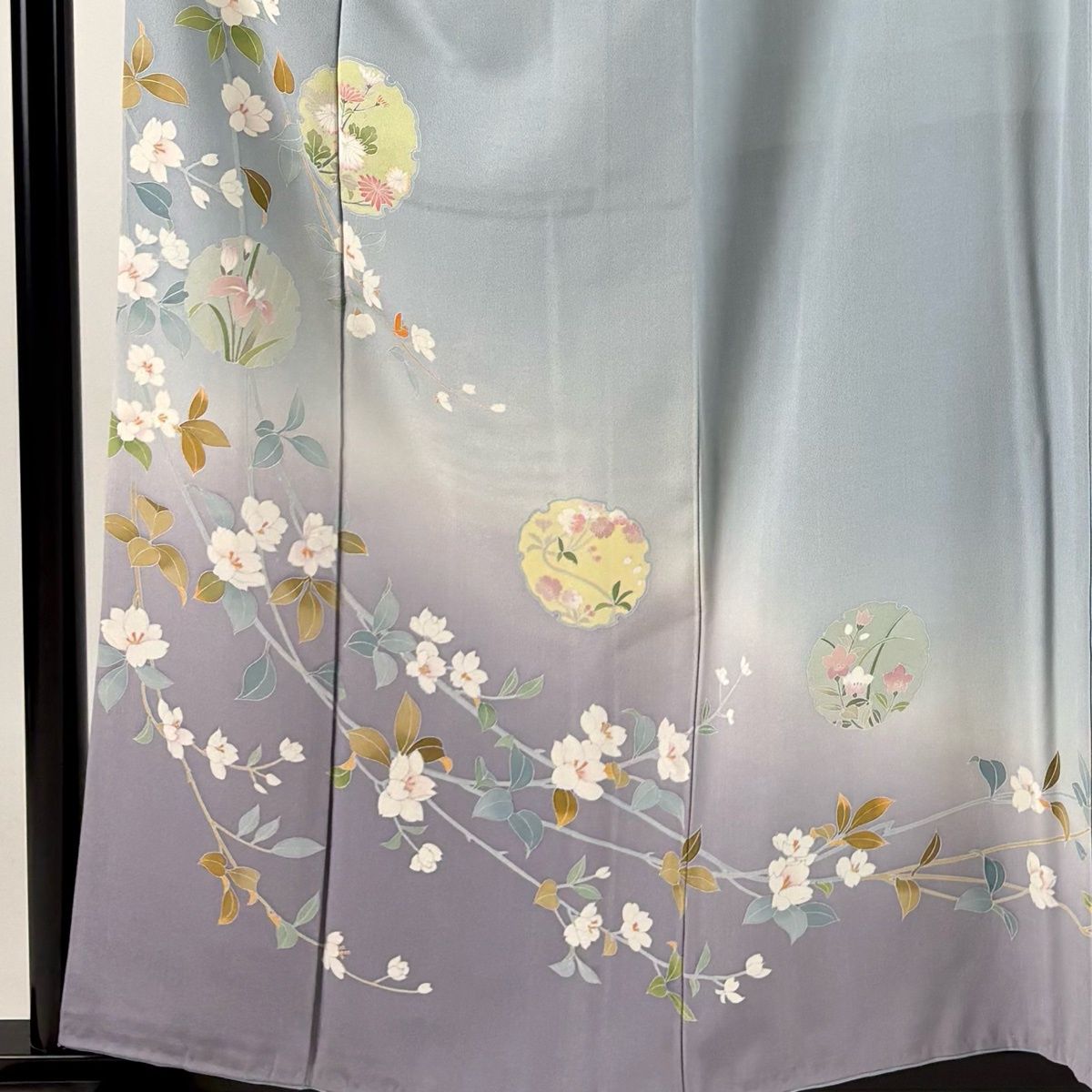 訪問着 身丈157cm 裄丈65cm M 袷 落款 雪輪 草花 染め分け ぼかし 水色 