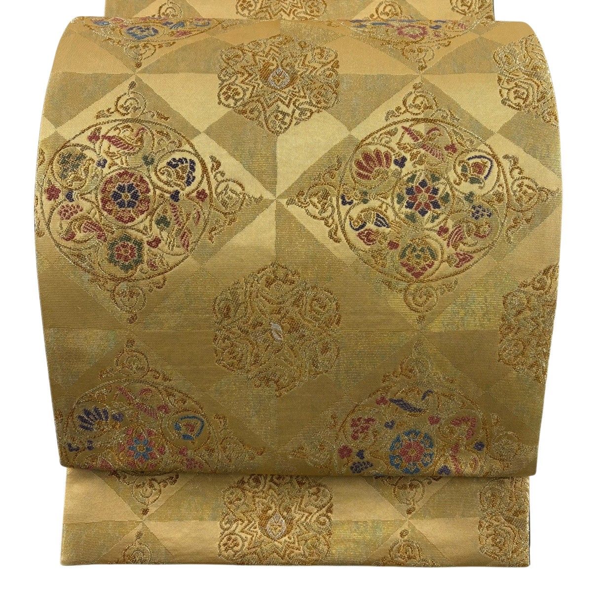 【美品】 袋帯 名品 華文 鳥 金糸 箔 黄土色 六通 正絹 【中古】