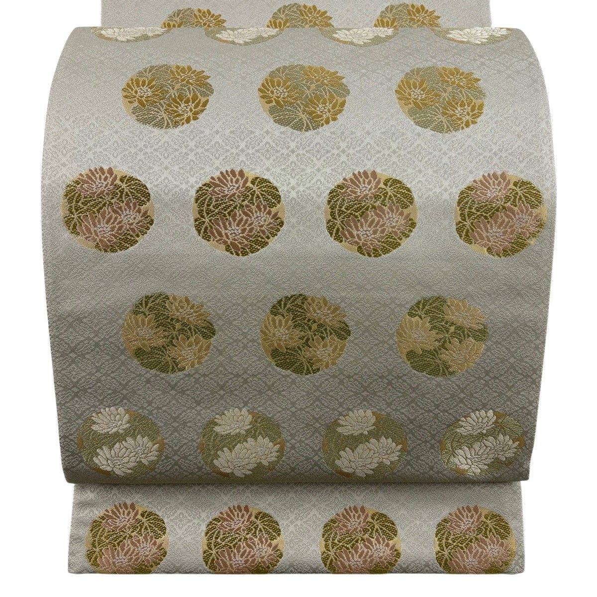 【美品】 袋帯 名品 箔屋清兵衛 落款 草木染 花丸文 箔 灰緑 六通 正絹 【中古】