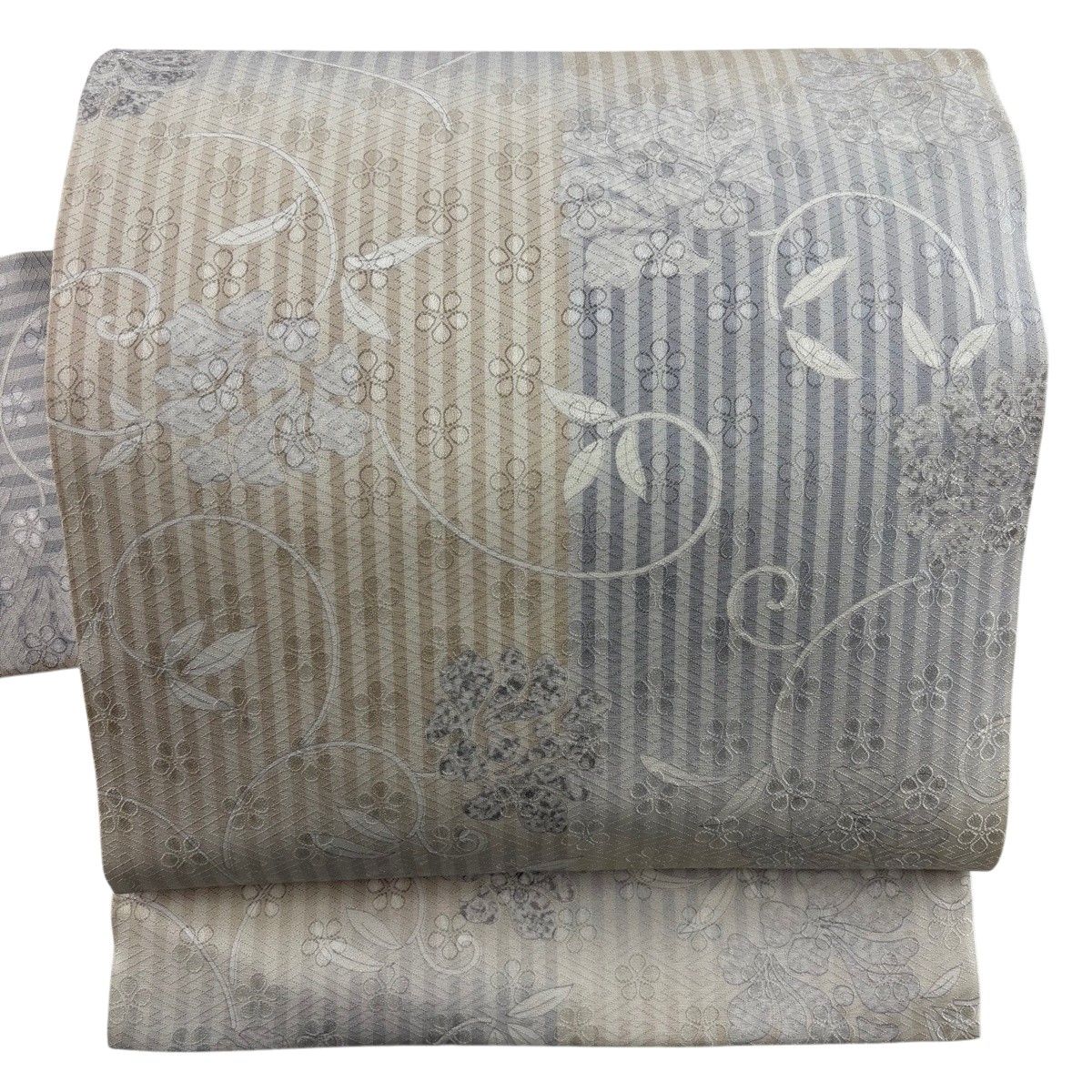 【美品】 名古屋帯 名品 花唐草 縞 ベージュ 正絹 【中古】